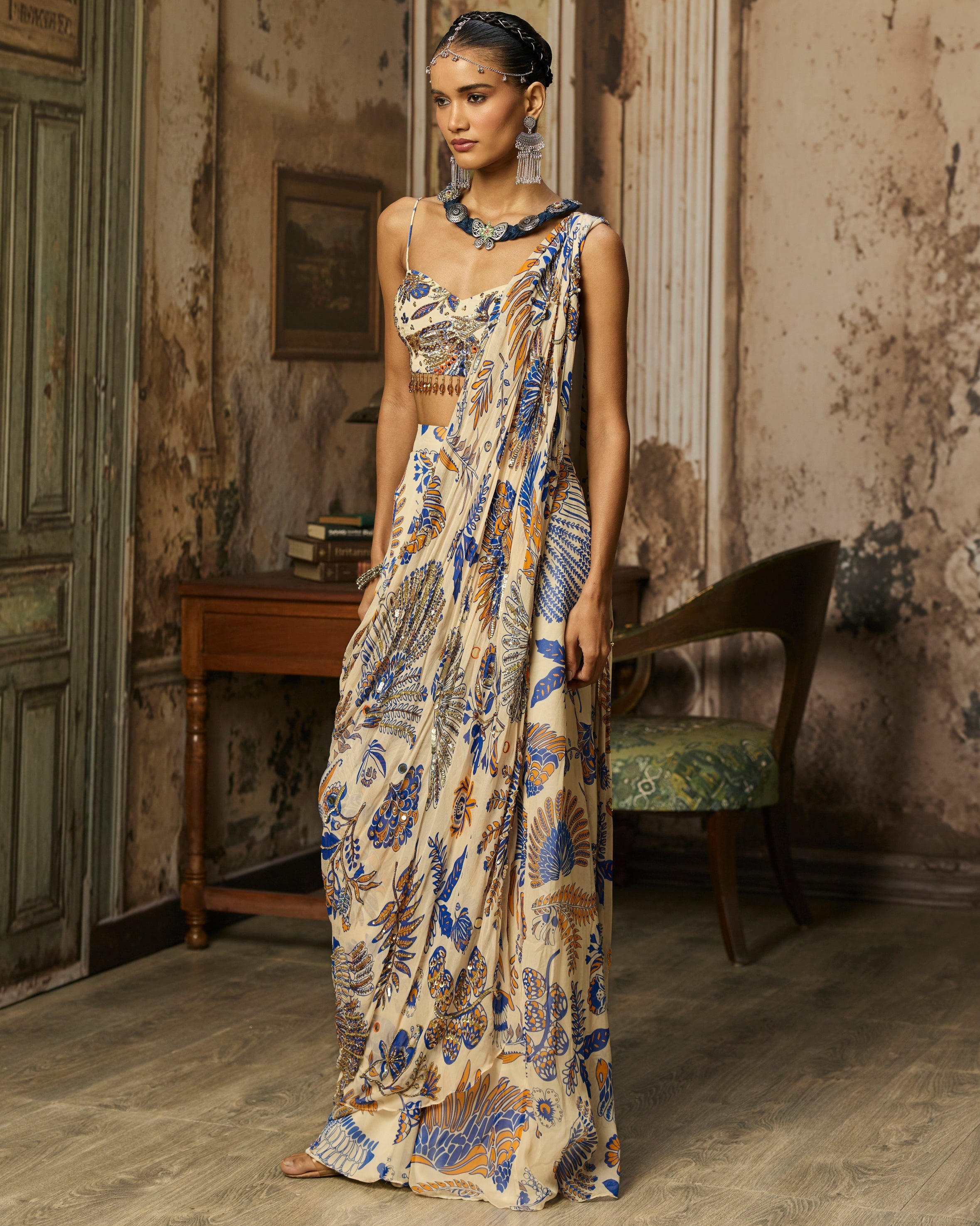 Ivory Printed And Highlighted Sharara Pants Sari Set