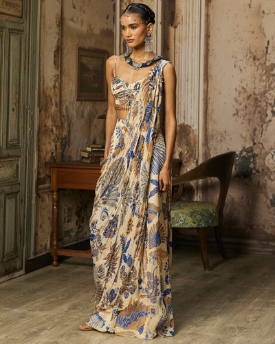 Ivory Printed And Highlighted Sharara Pants Sari Set