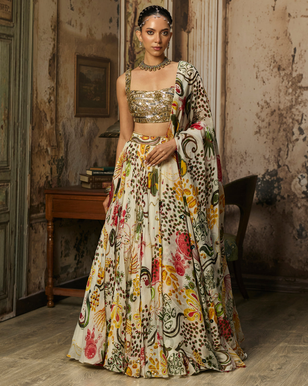 Light Gold Embellished Blouse And Highlighted Lehenga Set