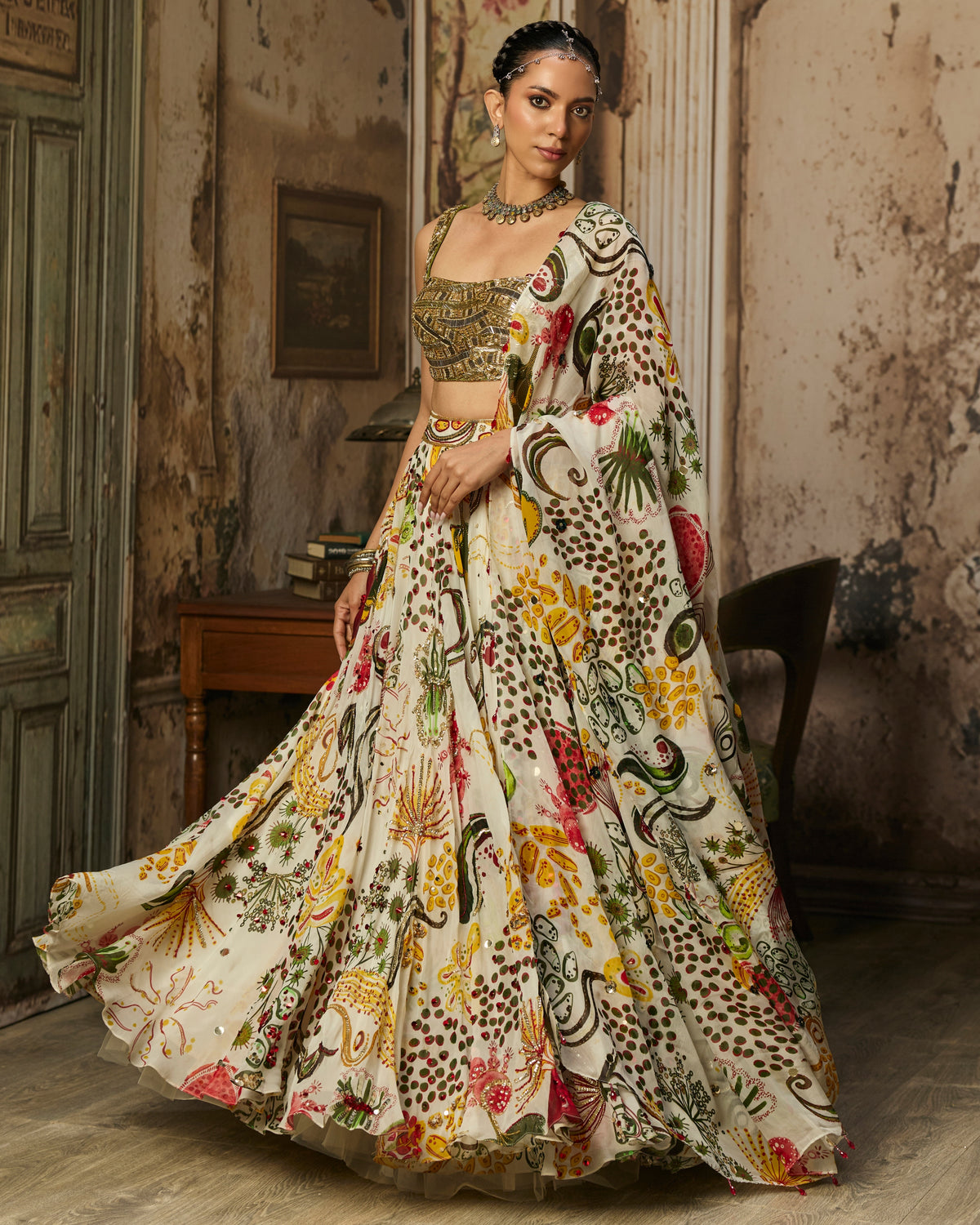 Light Gold Embellished Blouse And Highlighted Lehenga Set