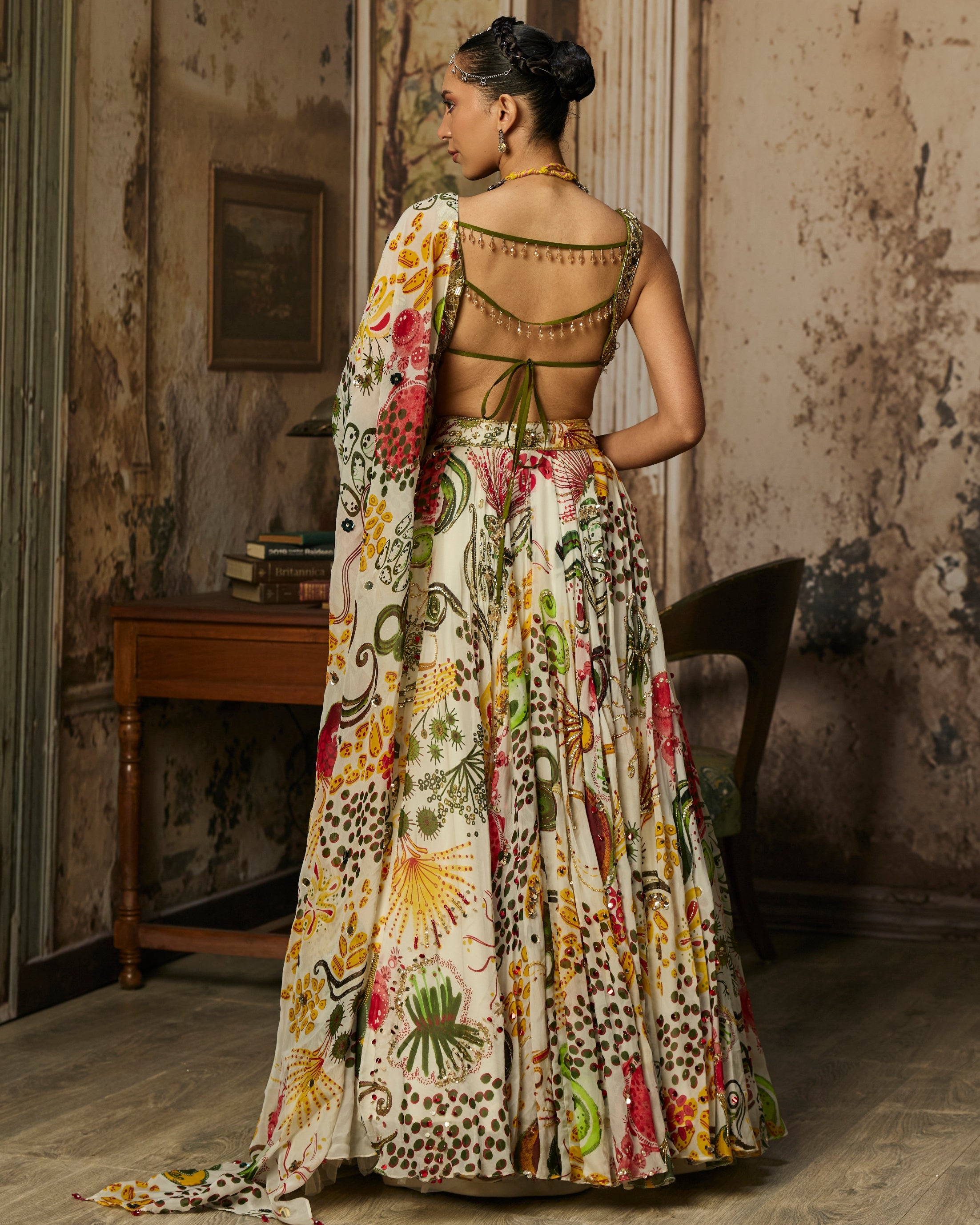 Light Gold Embellished Blouse And Highlighted Lehenga Set