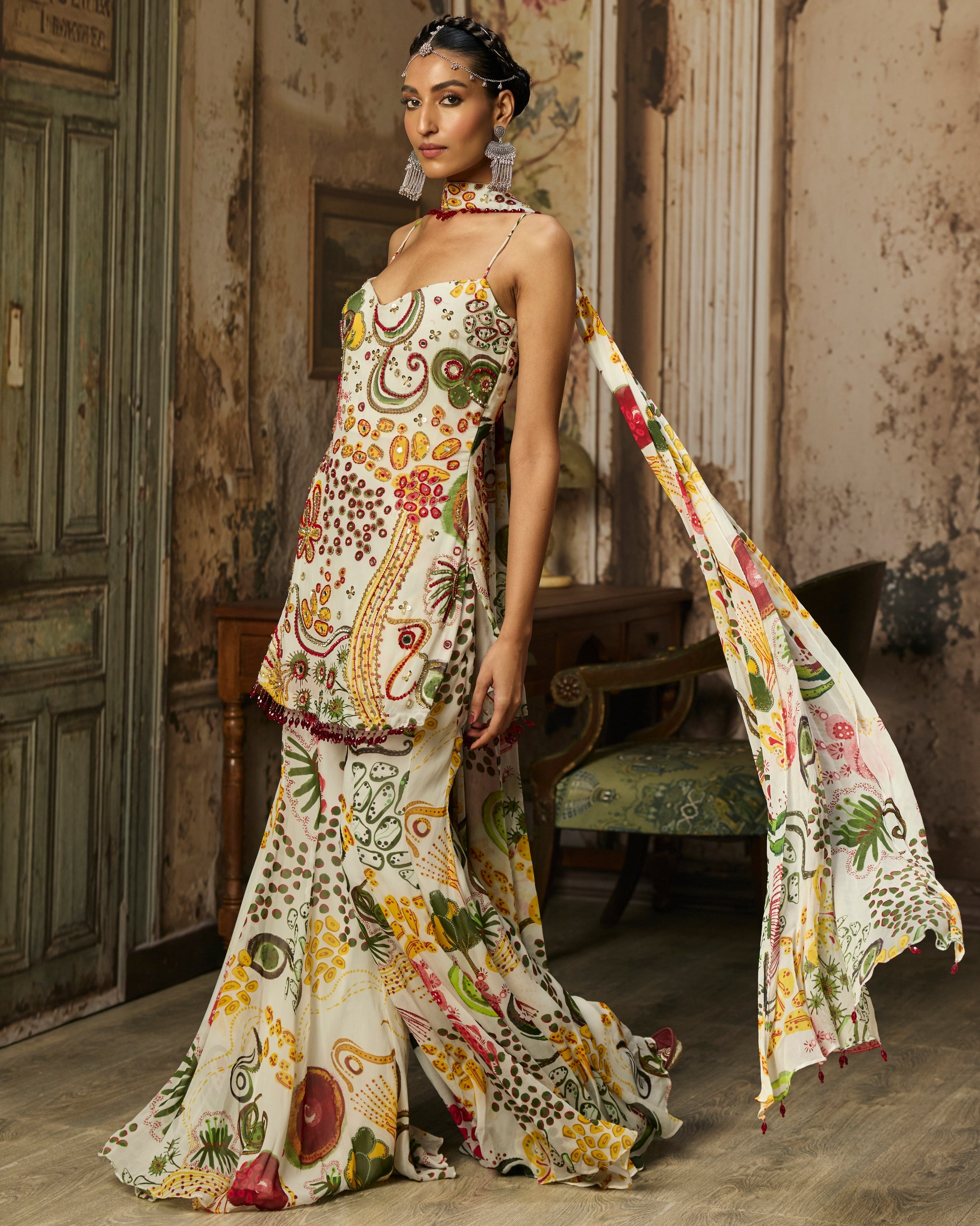 Ivory Print And Highlighted Kurti Set