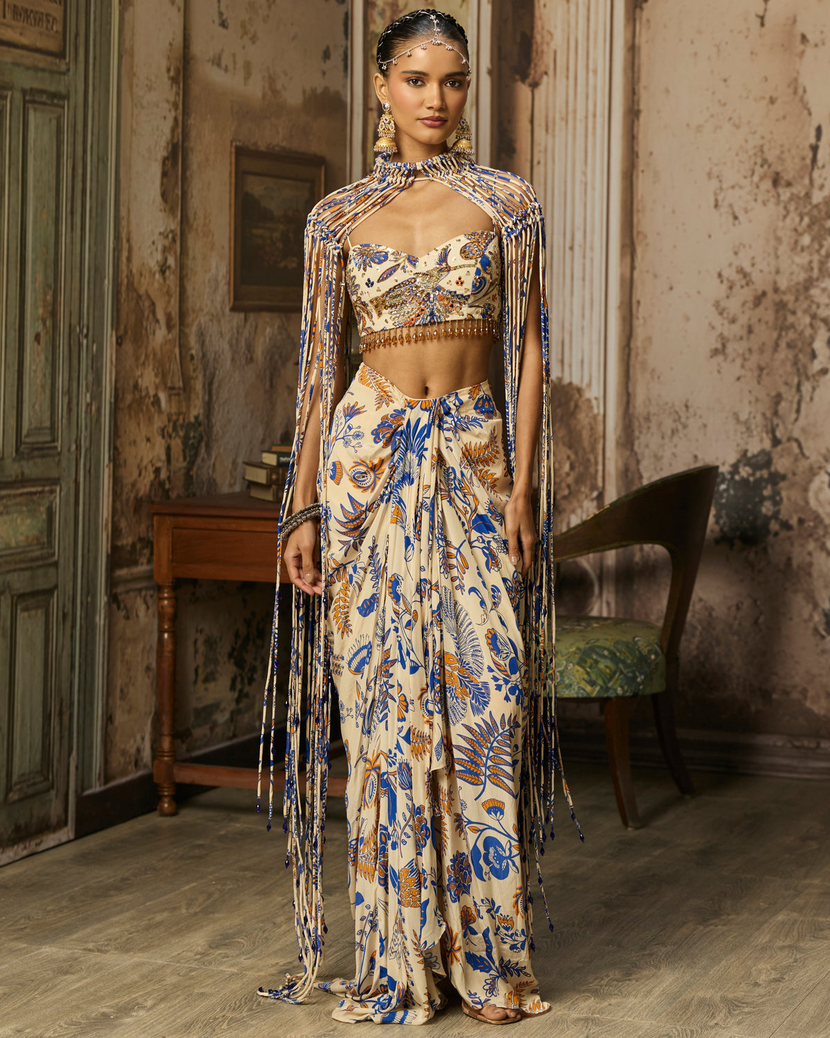 Ivory Printed And Highlighted Blouse With Fringe Jacket & Skirt Set