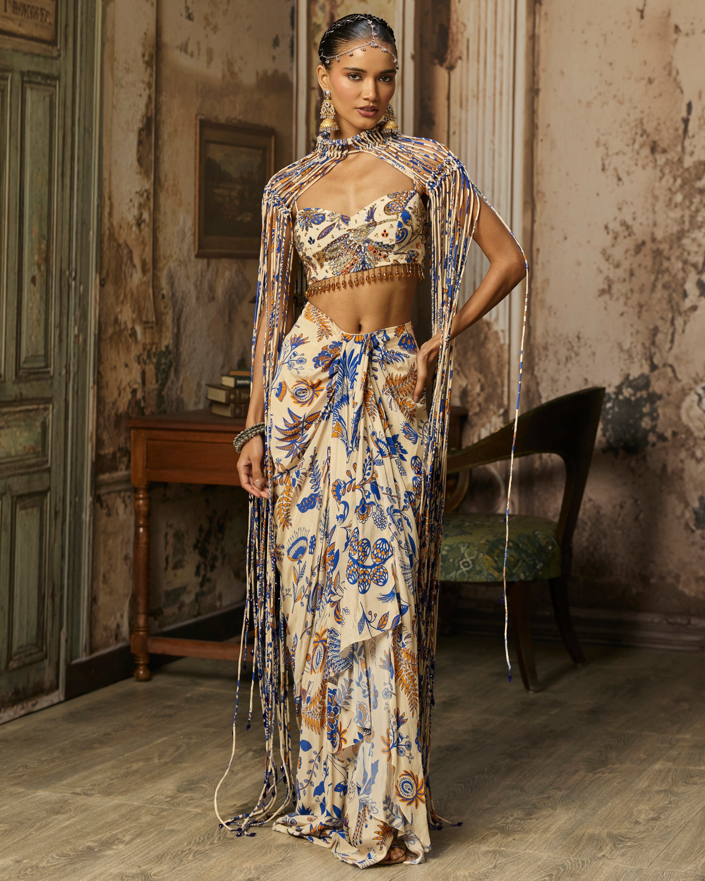 Ivory Printed And Highlighted Blouse With Fringe Jacket & Skirt Set