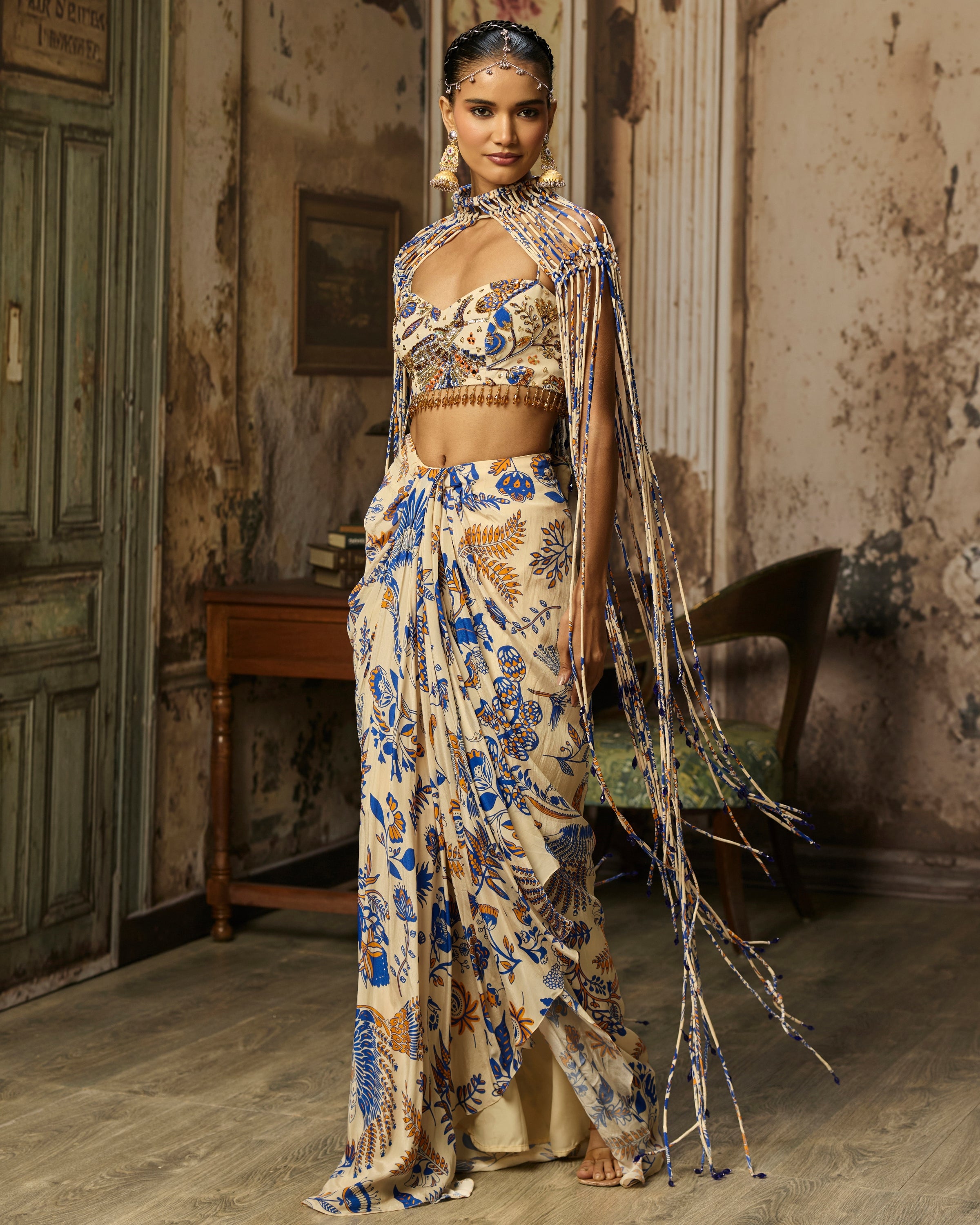 Ivory Printed And Highlighted Blouse With Fringe Jacket & Skirt Set