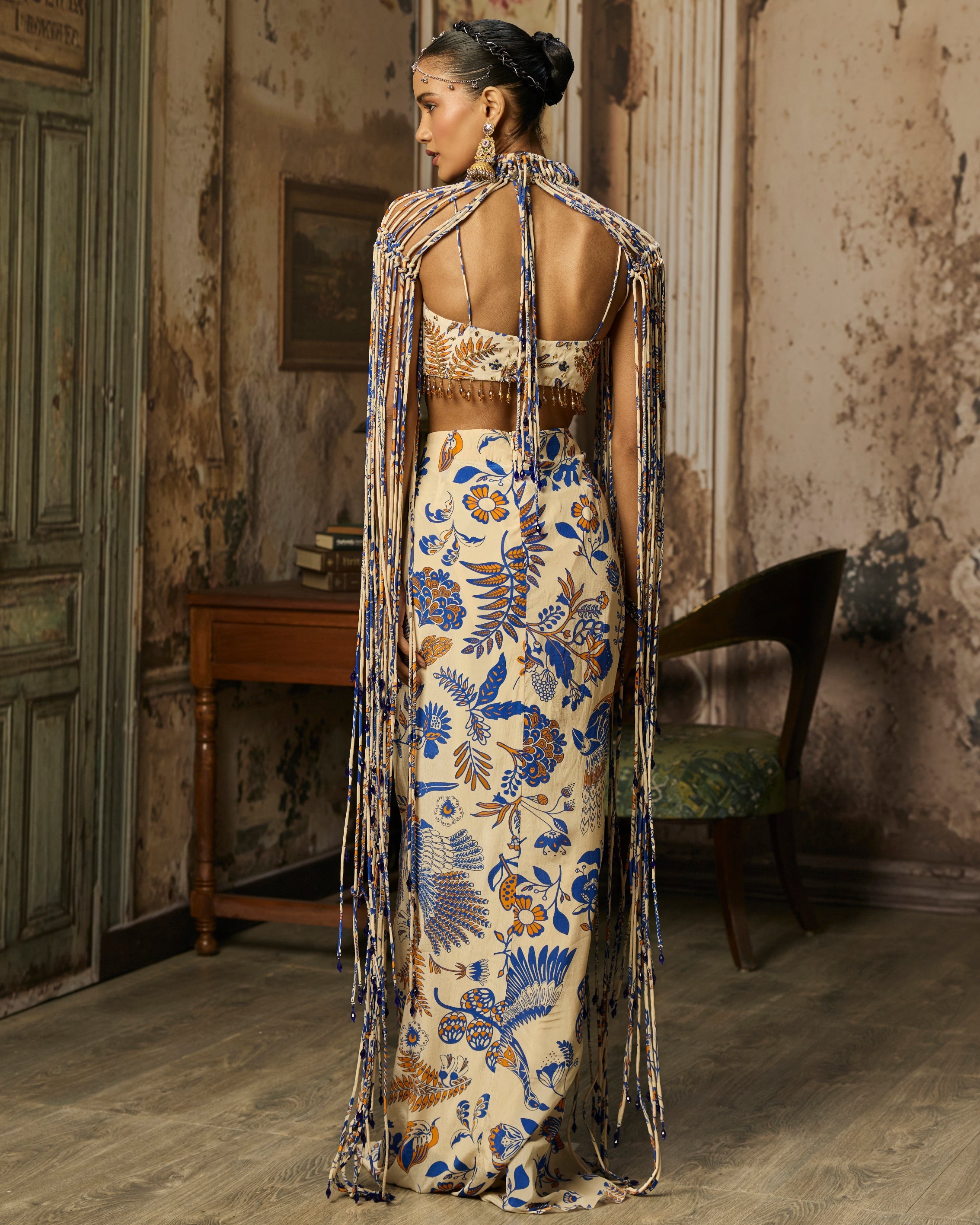 Ivory Printed And Highlighted Blouse With Fringe Jacket & Skirt Set