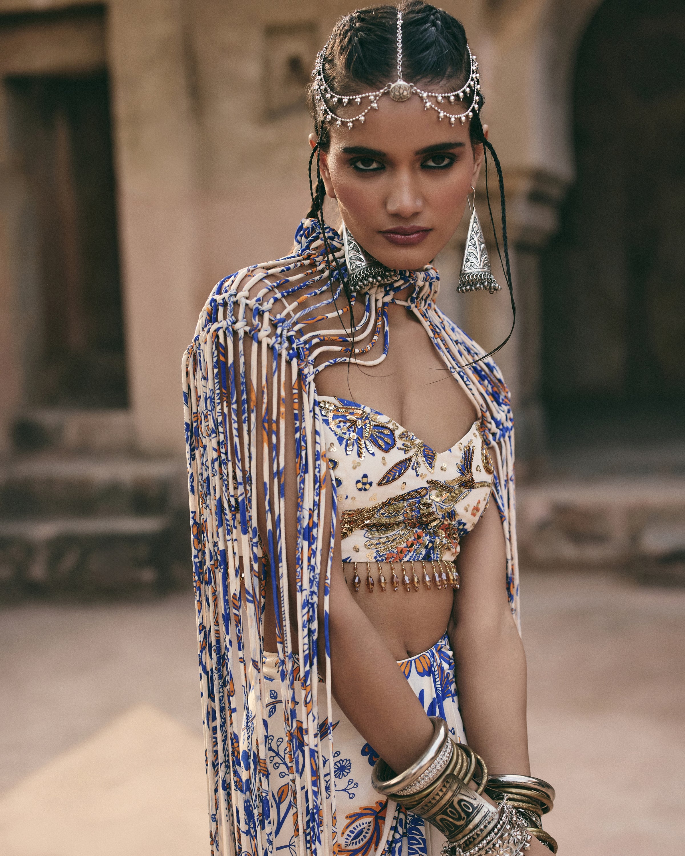 Ivory Printed And Highlighted Blouse With Fringe Jacket & Skirt Set