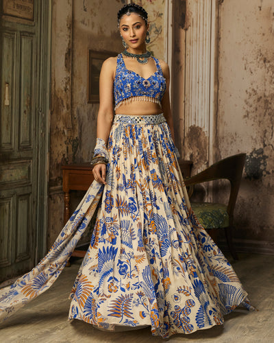 Ivory Printed And Highlighted Lehenga Set