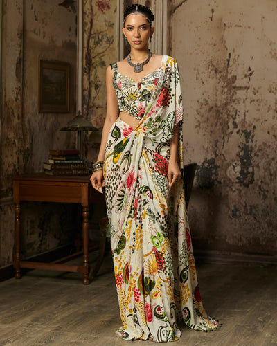 Ivory Print And Highlighted Corset With  Dhoti Skirt Sari Set