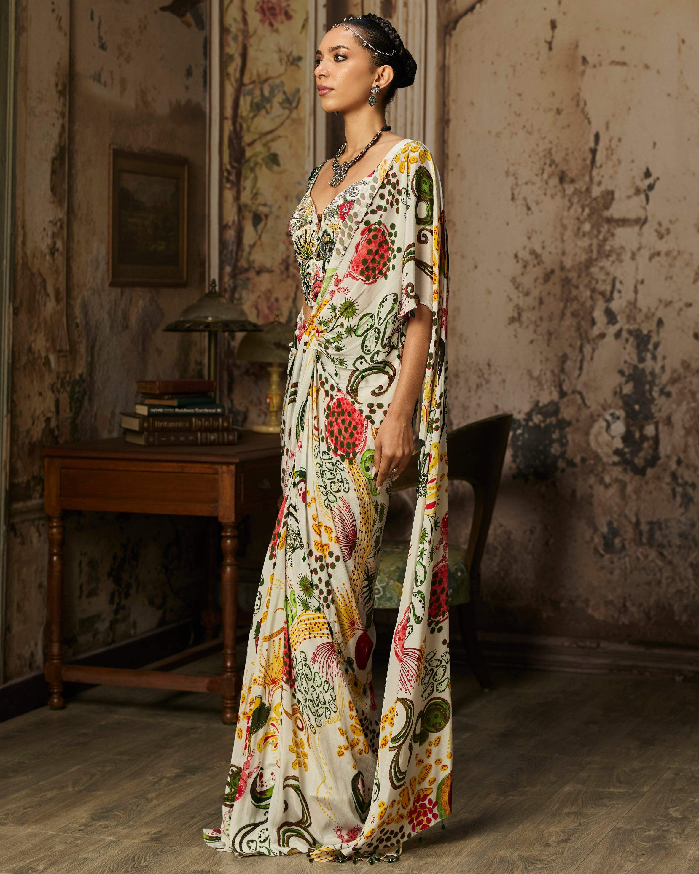 Ivory Print And Highlighted Corset With  Dhoti Skirt Sari Set