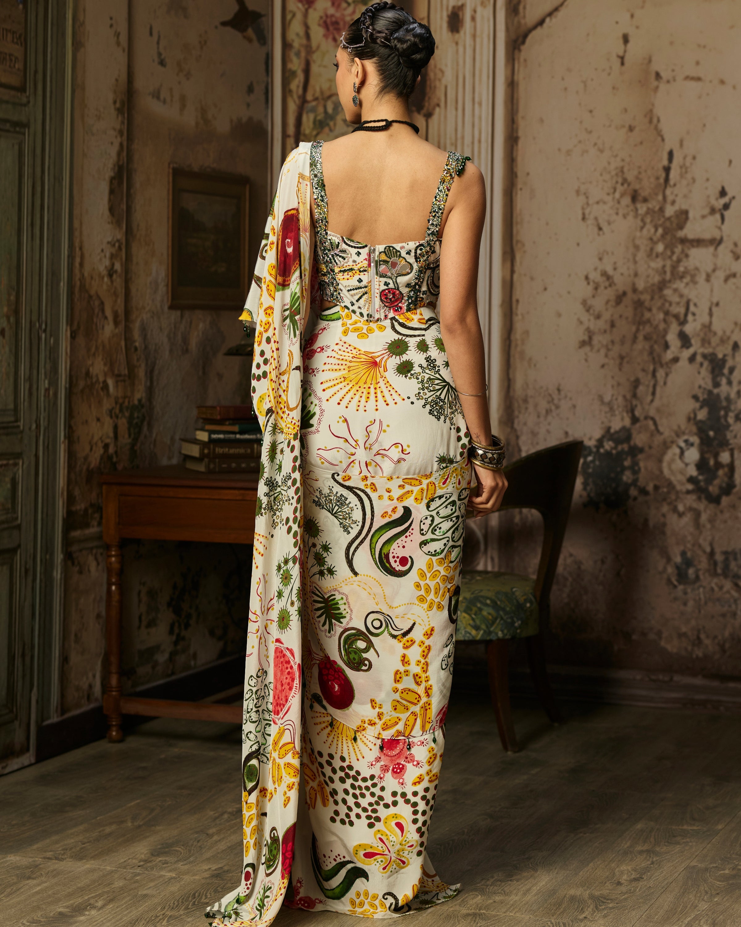 Ivory Print And Highlighted Corset With  Dhoti Skirt Sari Set