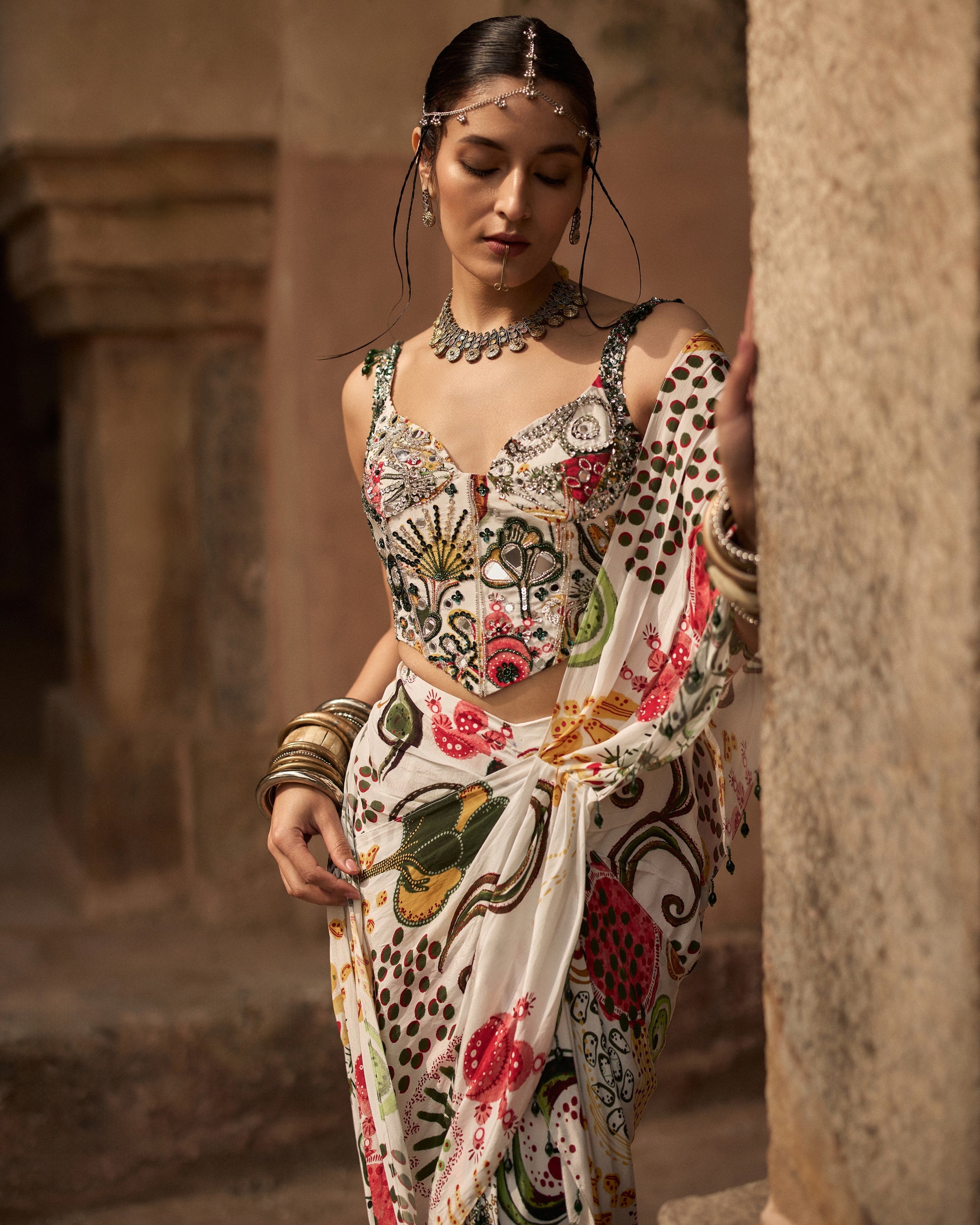 Ivory Print And Highlighted Corset With  Dhoti Skirt Sari Set