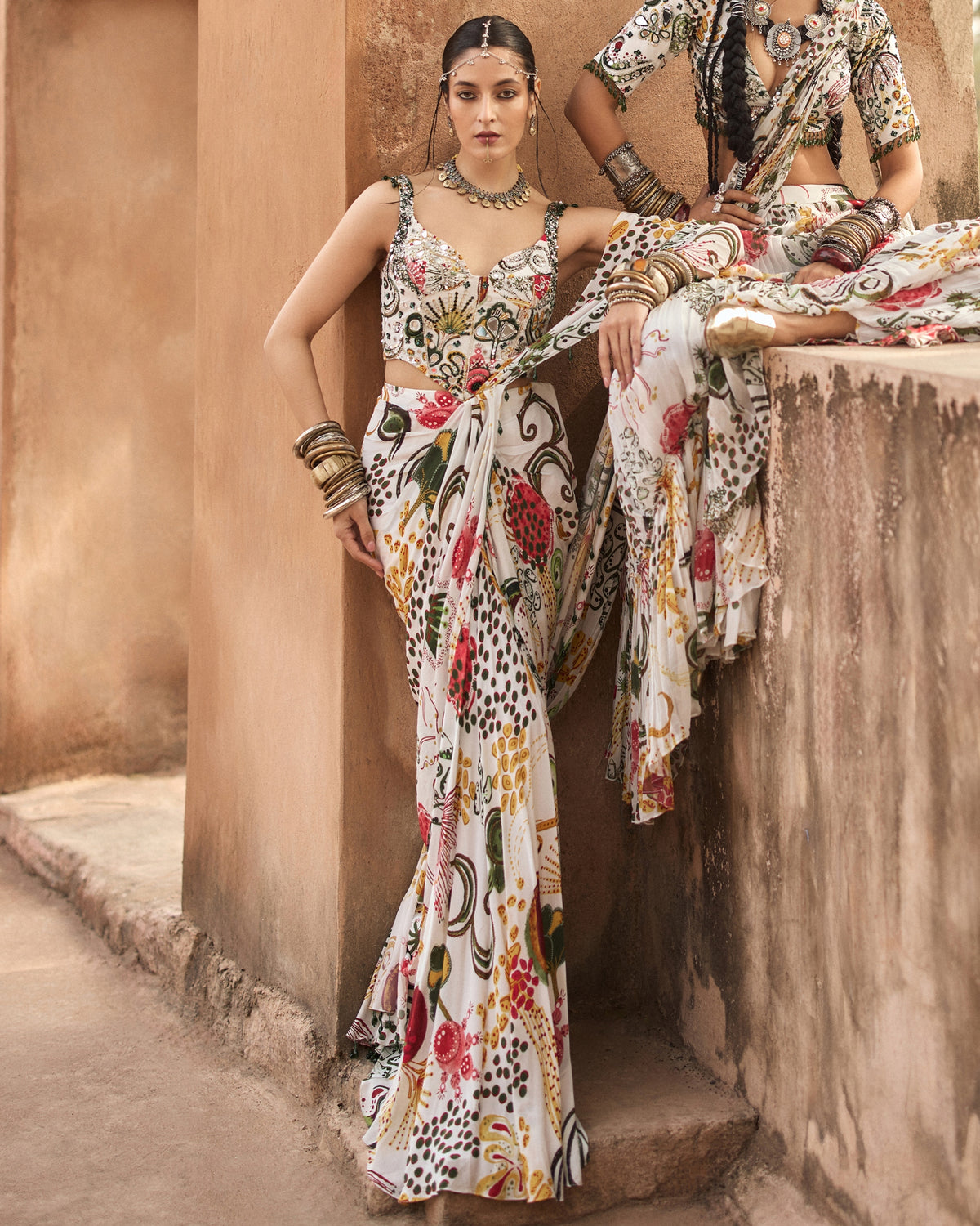 Ivory Print And Highlighted Corset With  Dhoti Skirt Sari Set