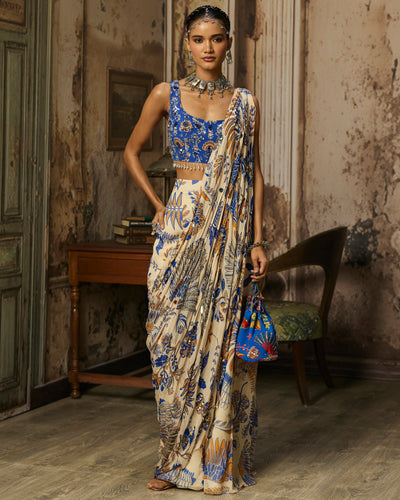 Ivory Blue Printed And Highlighted Sharara Pants Sari Set