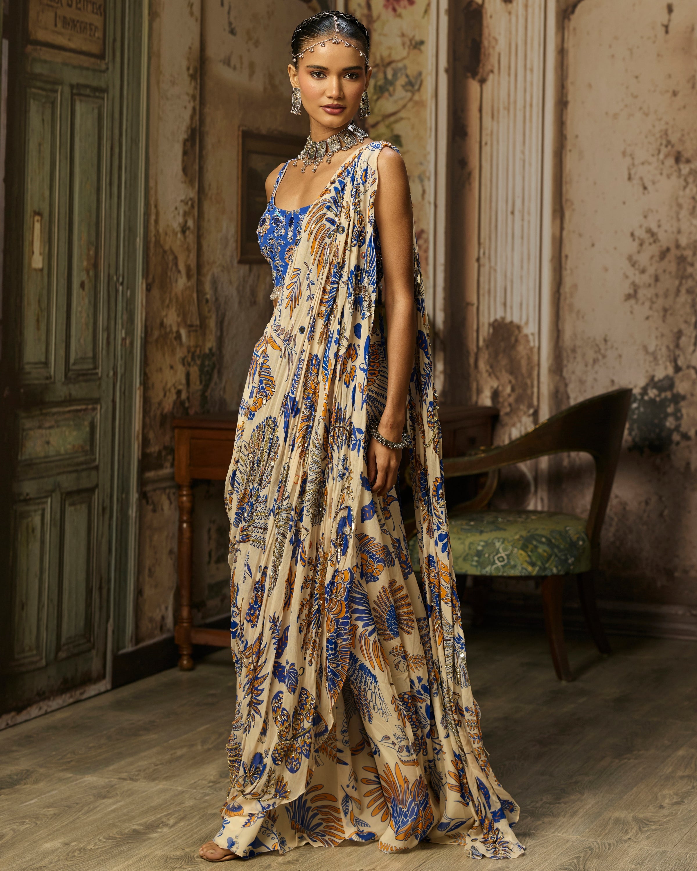 Ivory Blue Printed And Highlighted Sharara Pants Sari Set