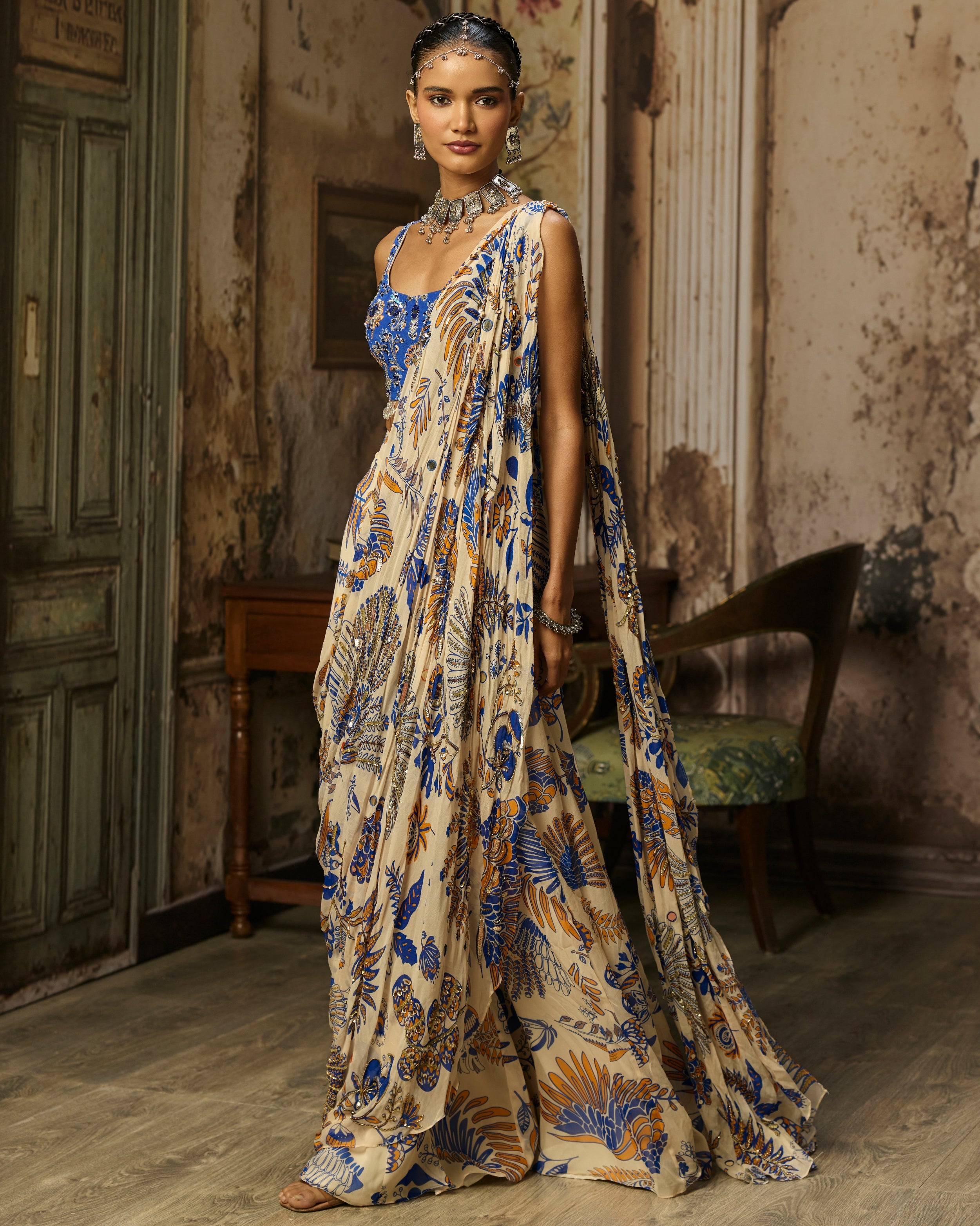 Ivory Blue Printed And Highlighted Sharara Pants Sari Set