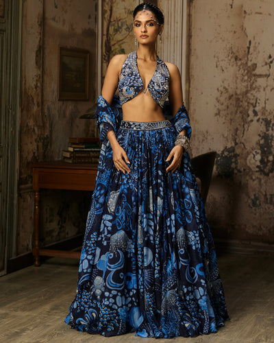 Navy Blue Printed & Highlighted Lehenga Set