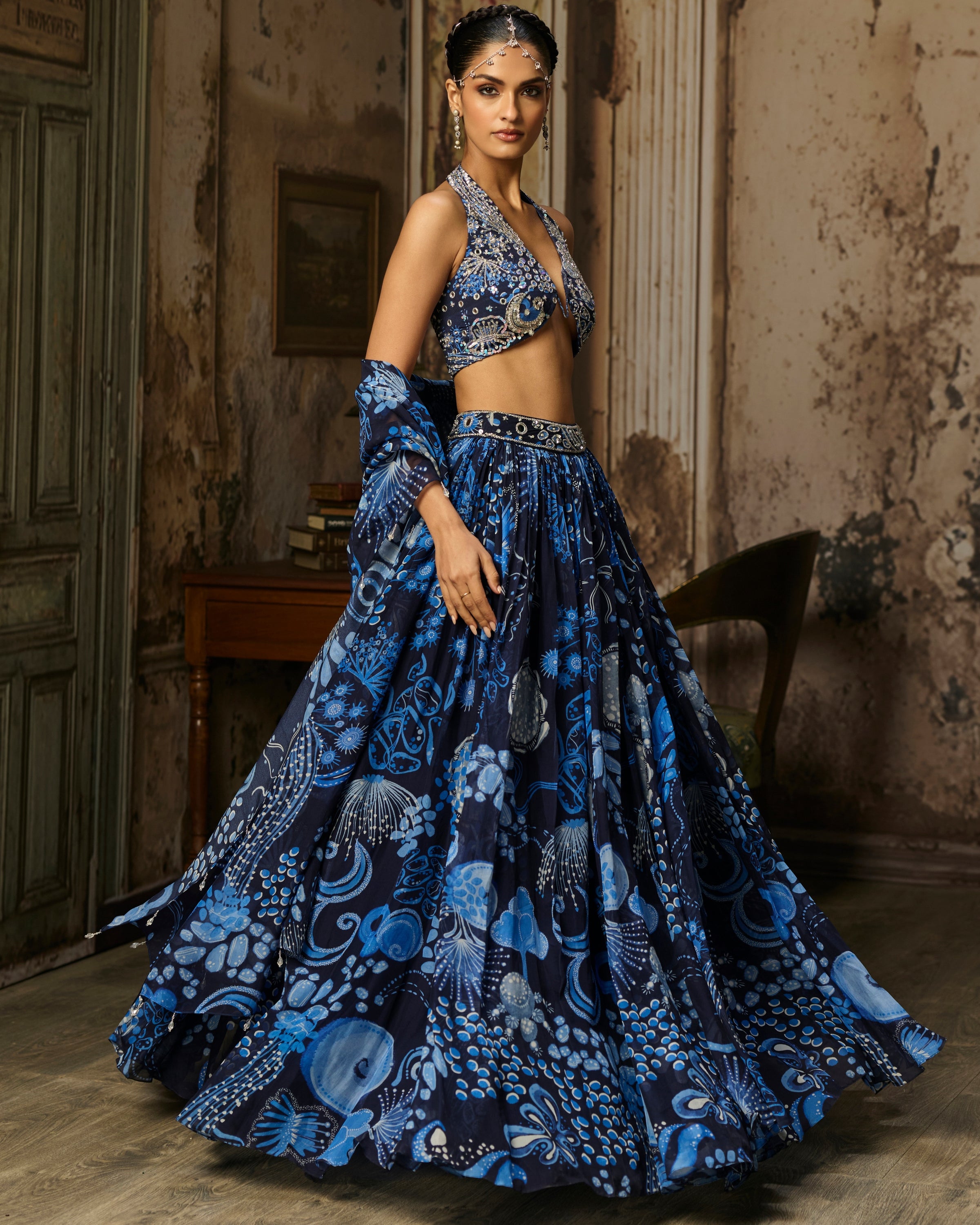 Navy Blue Printed & Highlighted Lehenga Set