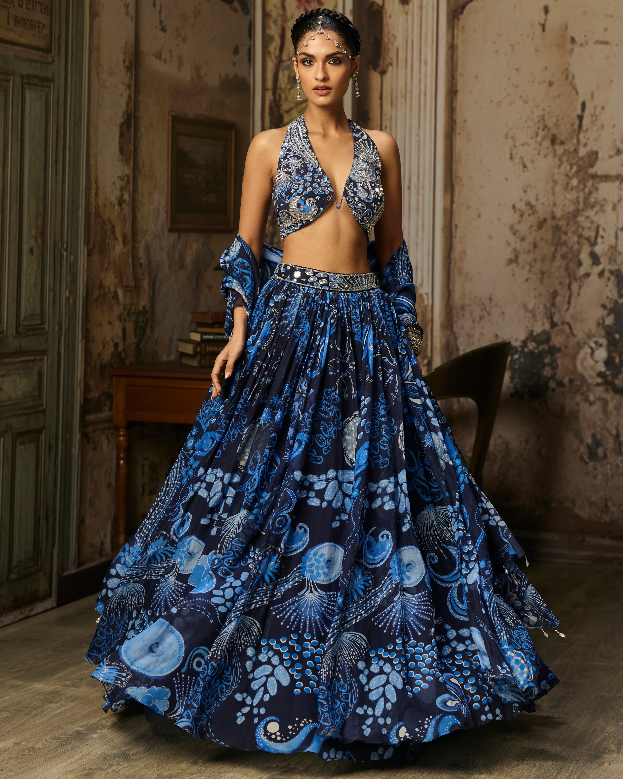 Navy Blue Printed & Highlighted Lehenga Set