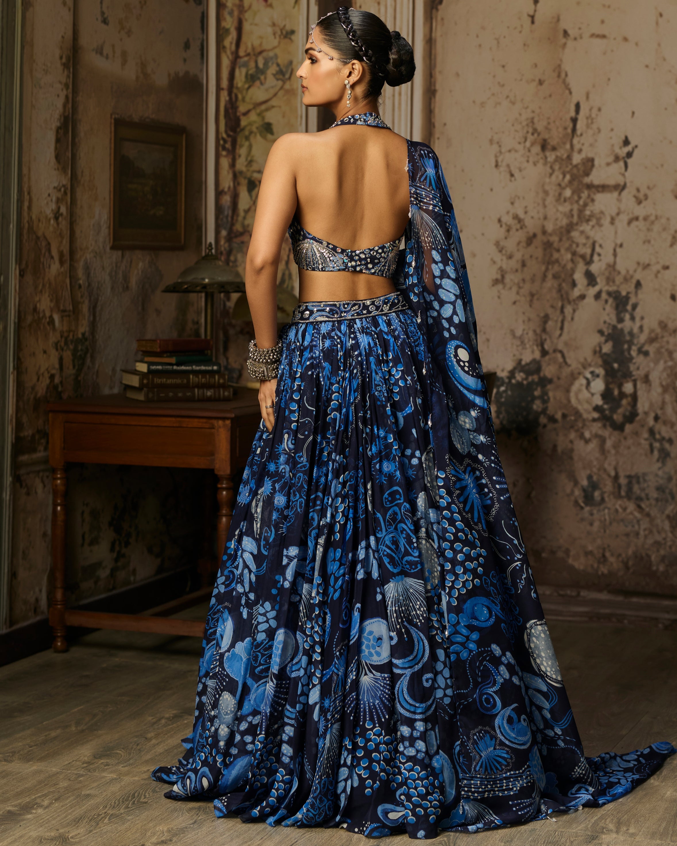 Navy Blue Printed & Highlighted Lehenga Set