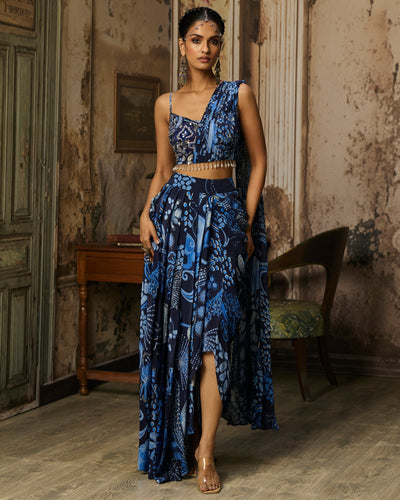 Navy Blue Printed Drape Asymmetric Crop Top And Skirt Set