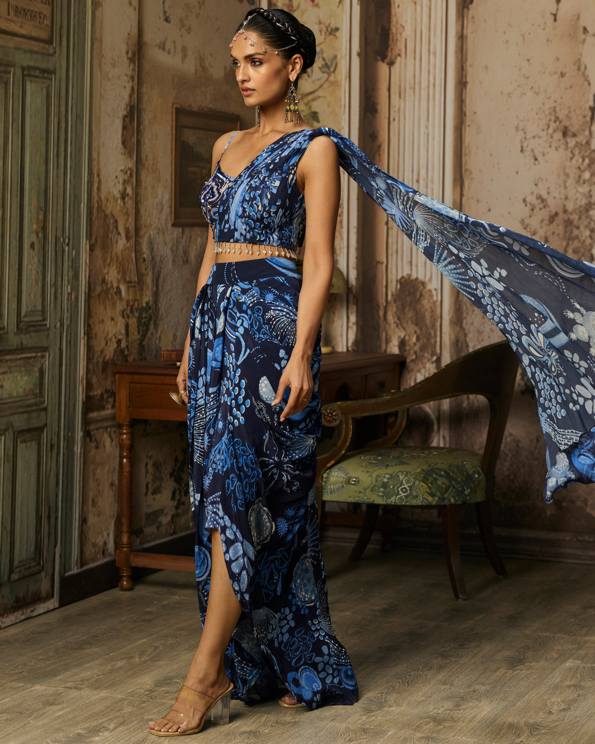 Navy Blue Printed Drape Asymmetric Crop Top And Skirt Set