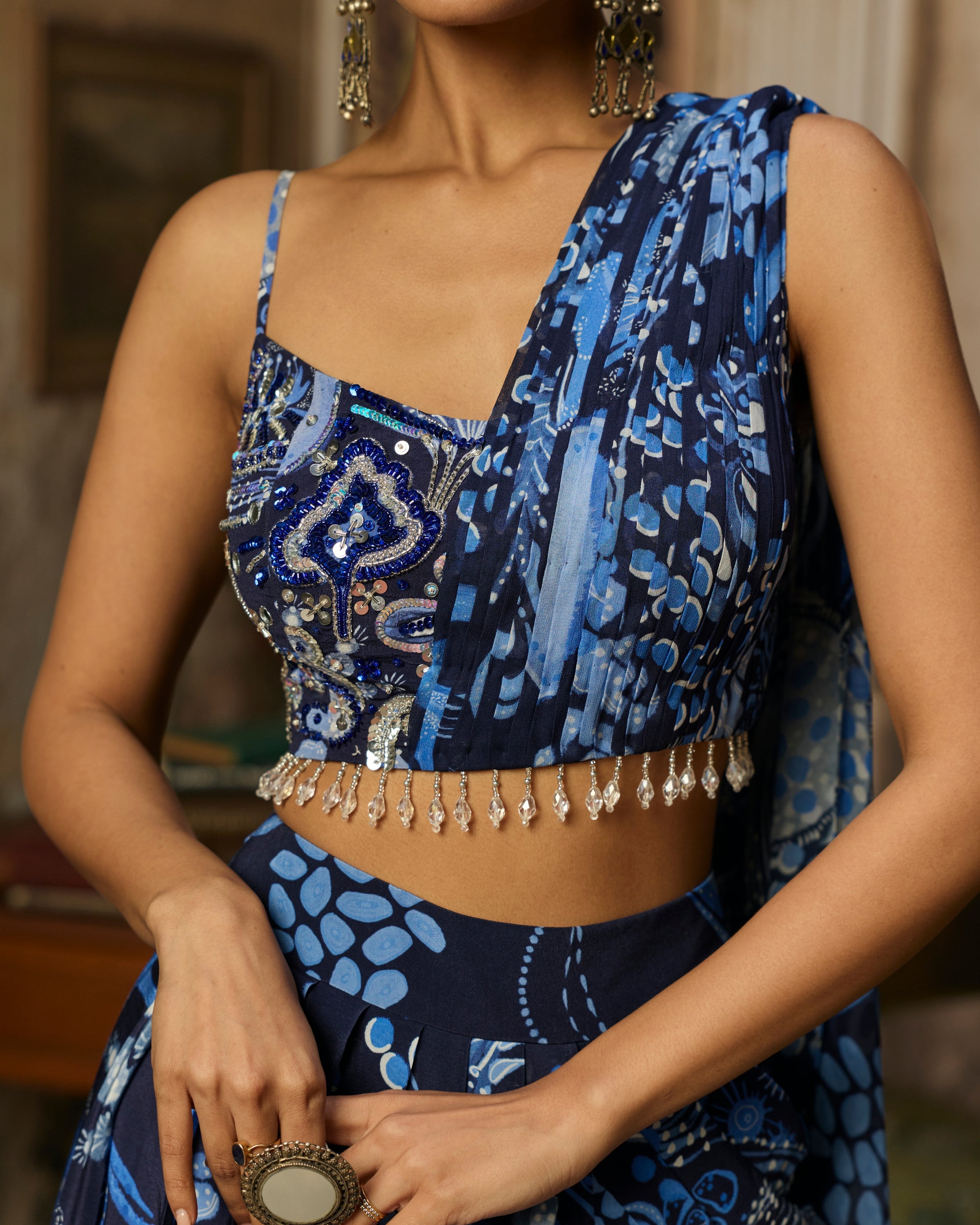Navy Blue Printed Drape Asymmetric Crop Top And Skirt Set
