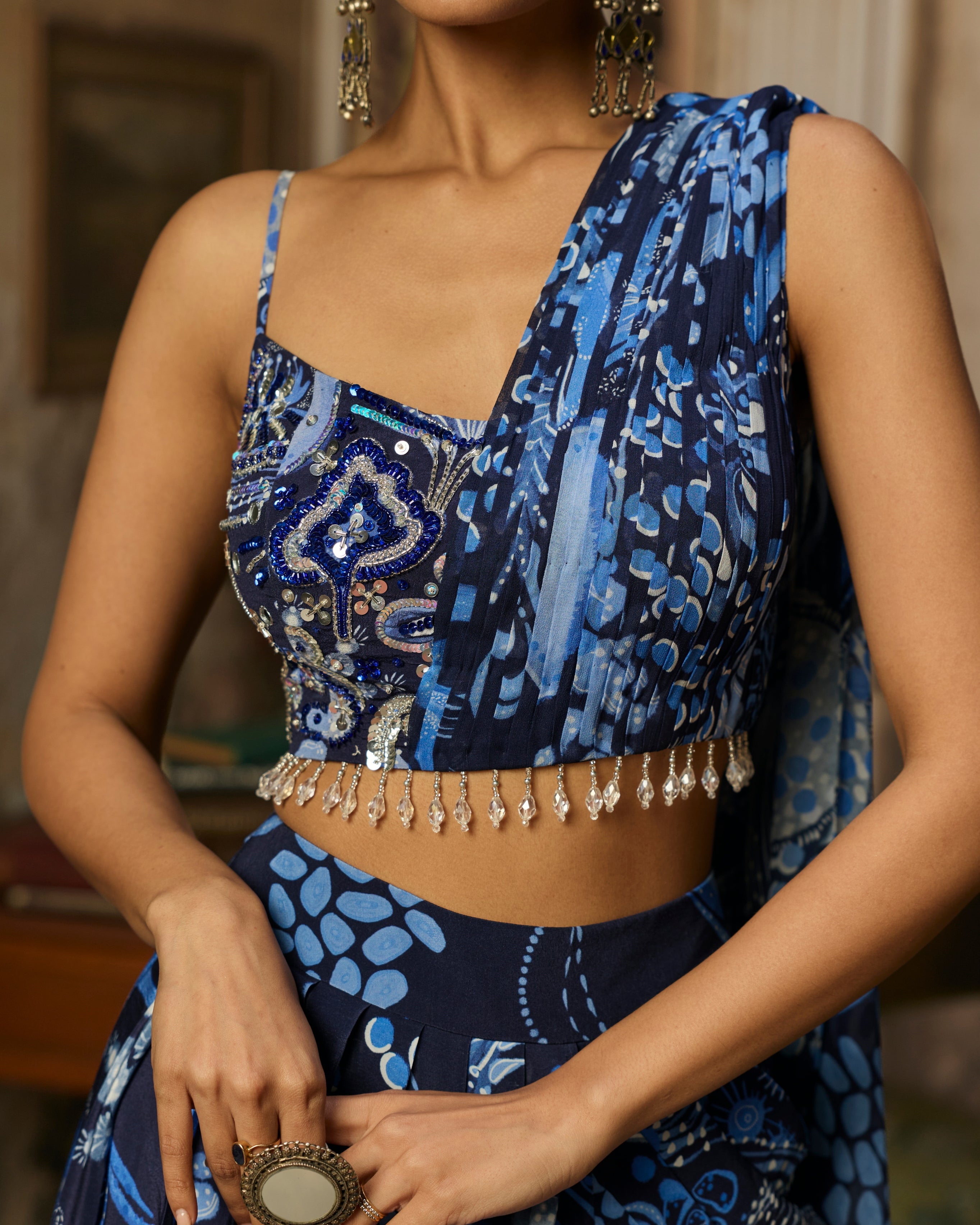 Navy Blue Printed Drape Asymmetric Crop Top And Skirt Set