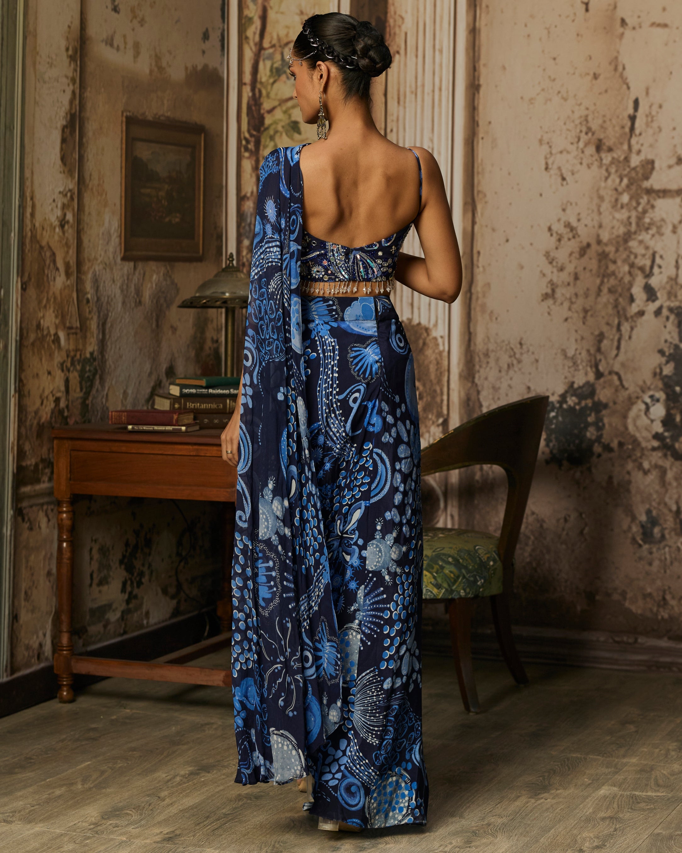 Navy Blue Printed Drape Asymmetric Crop Top And Skirt Set