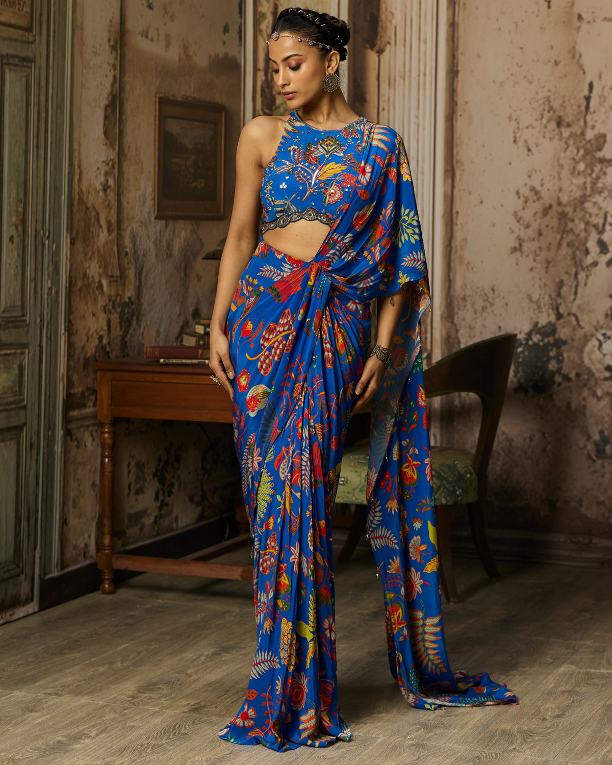 Electric Blue Printed And Highlighted Dhoti Skirt Sari Set