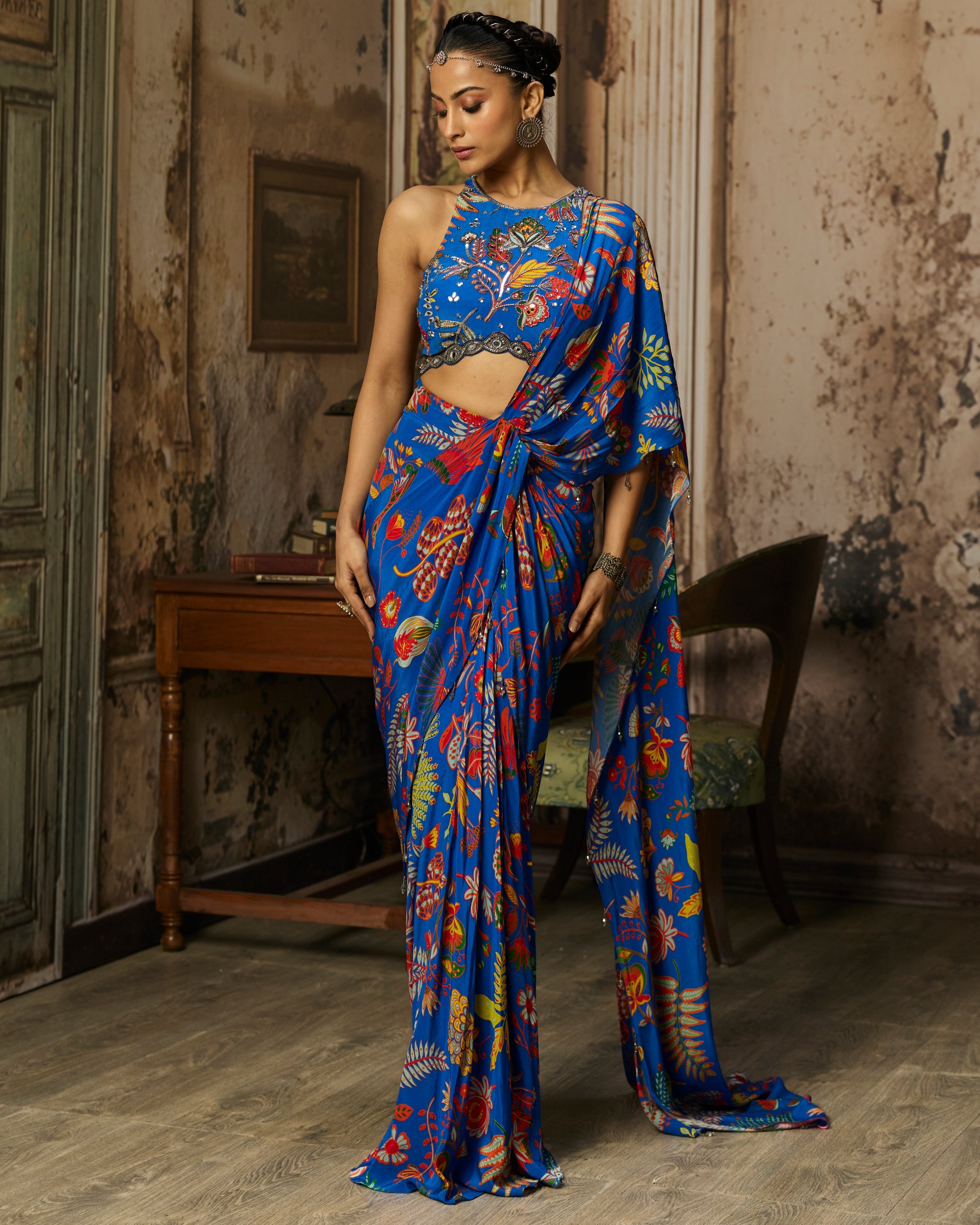 Electric Blue Printed And Highlighted Dhoti Skirt Sari Set