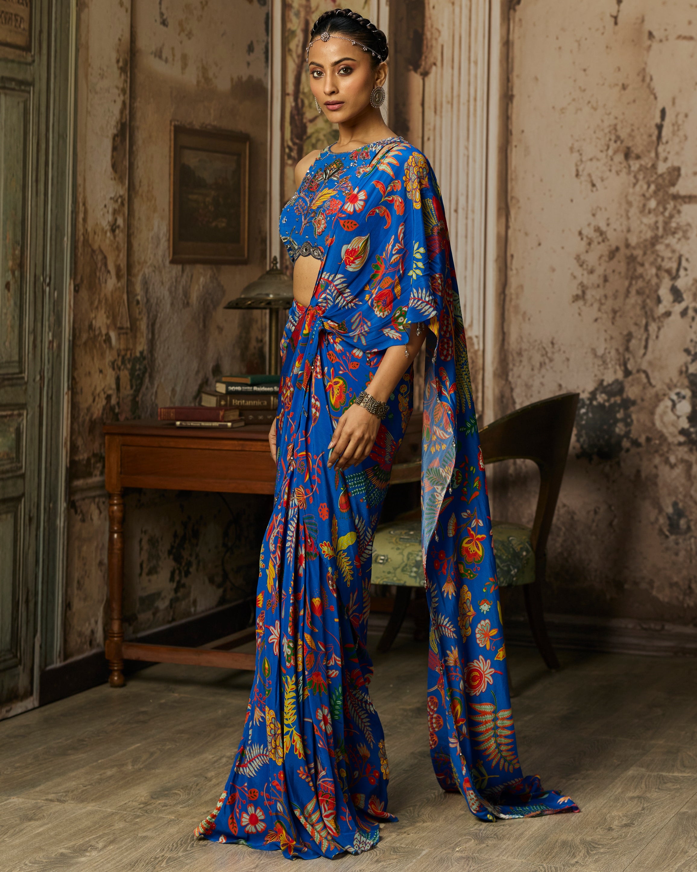 Electric Blue Printed And Highlighted Dhoti Skirt Sari Set