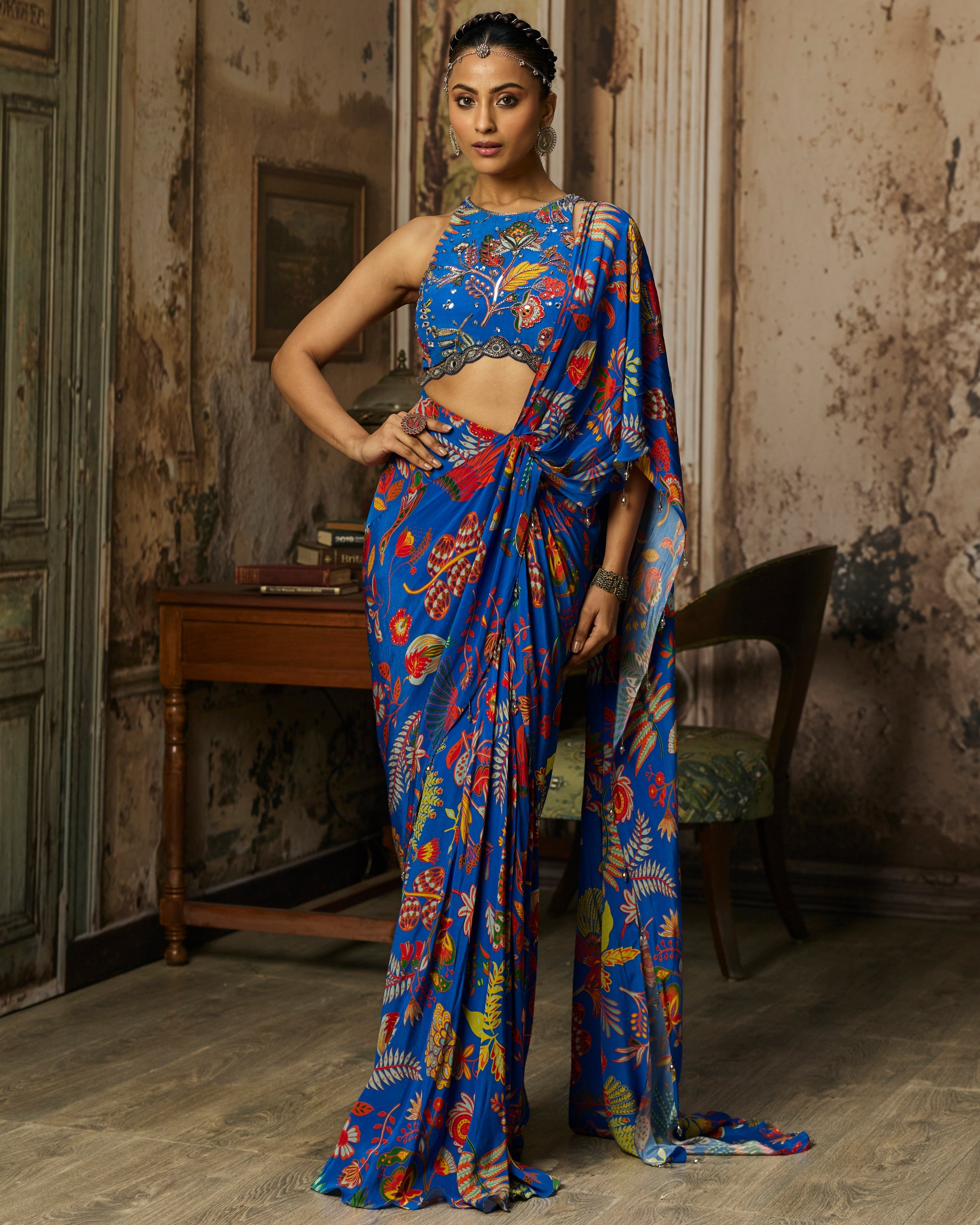 Electric Blue Printed And Highlighted Dhoti Skirt Sari Set