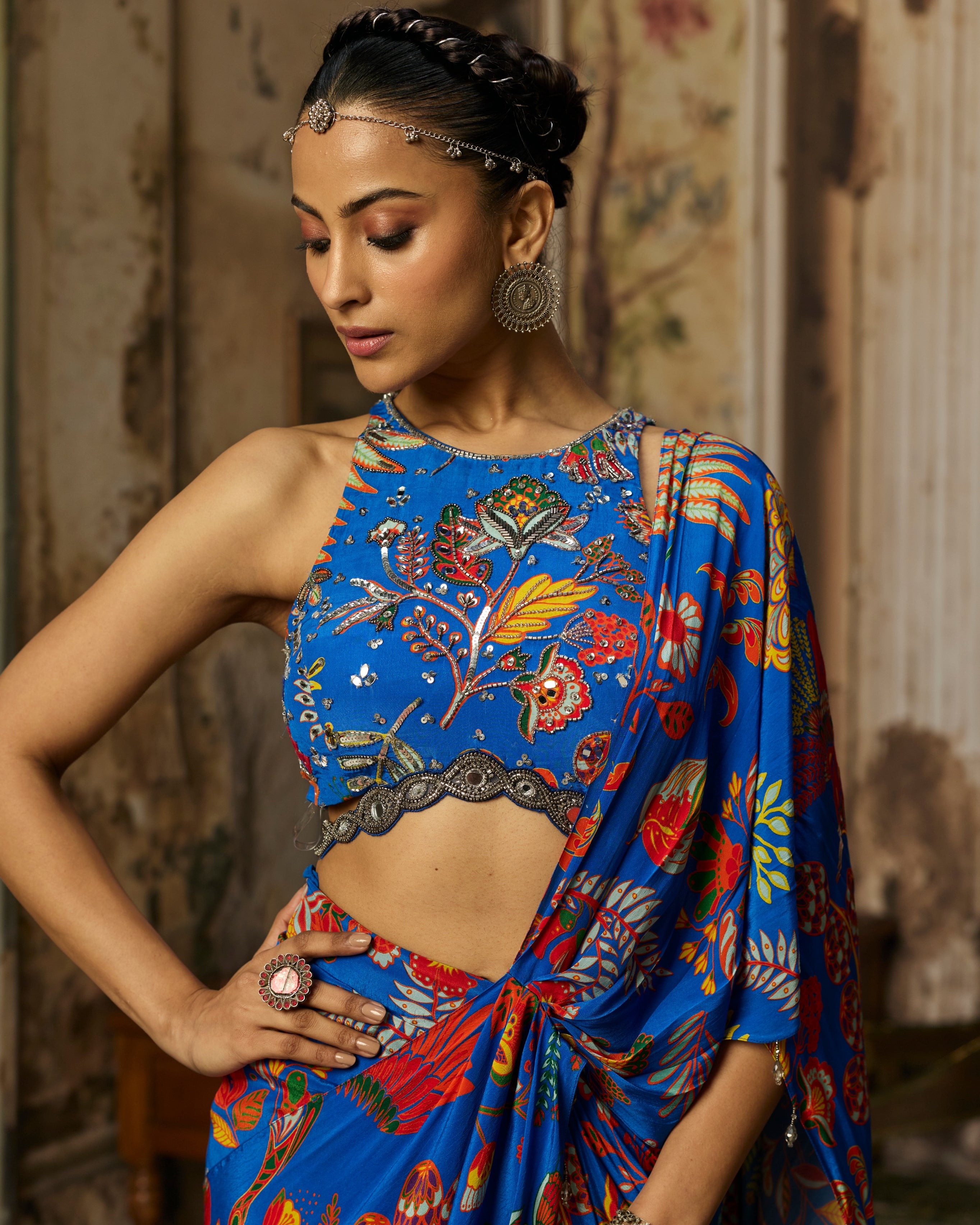 Electric Blue Printed And Highlighted Dhoti Skirt Sari Set