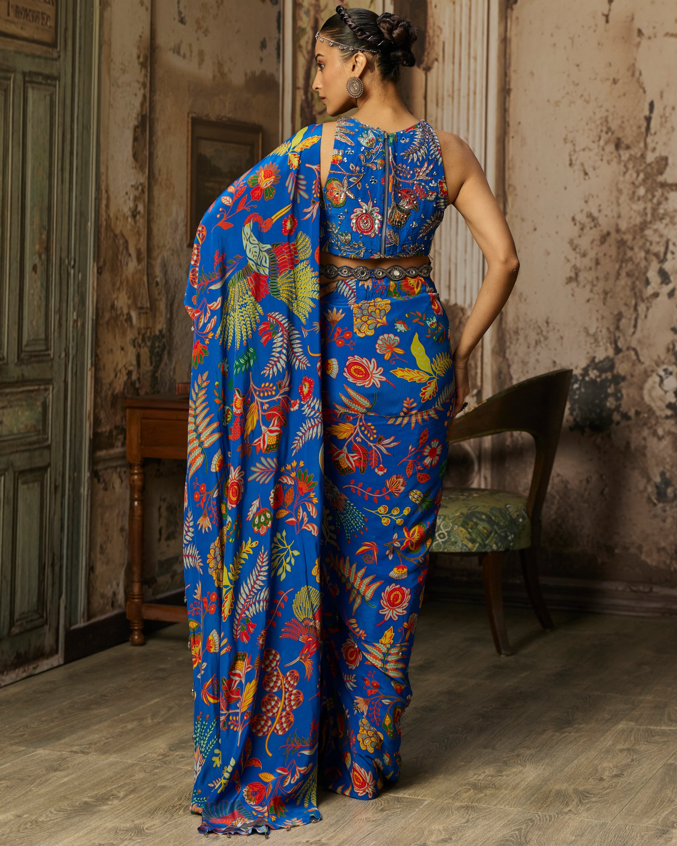 Electric Blue Printed And Highlighted Dhoti Skirt Sari Set