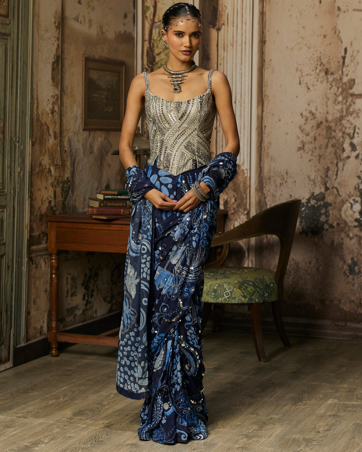Gunmetal Grey Corset With Printed And Highlighted Classic Sari Set