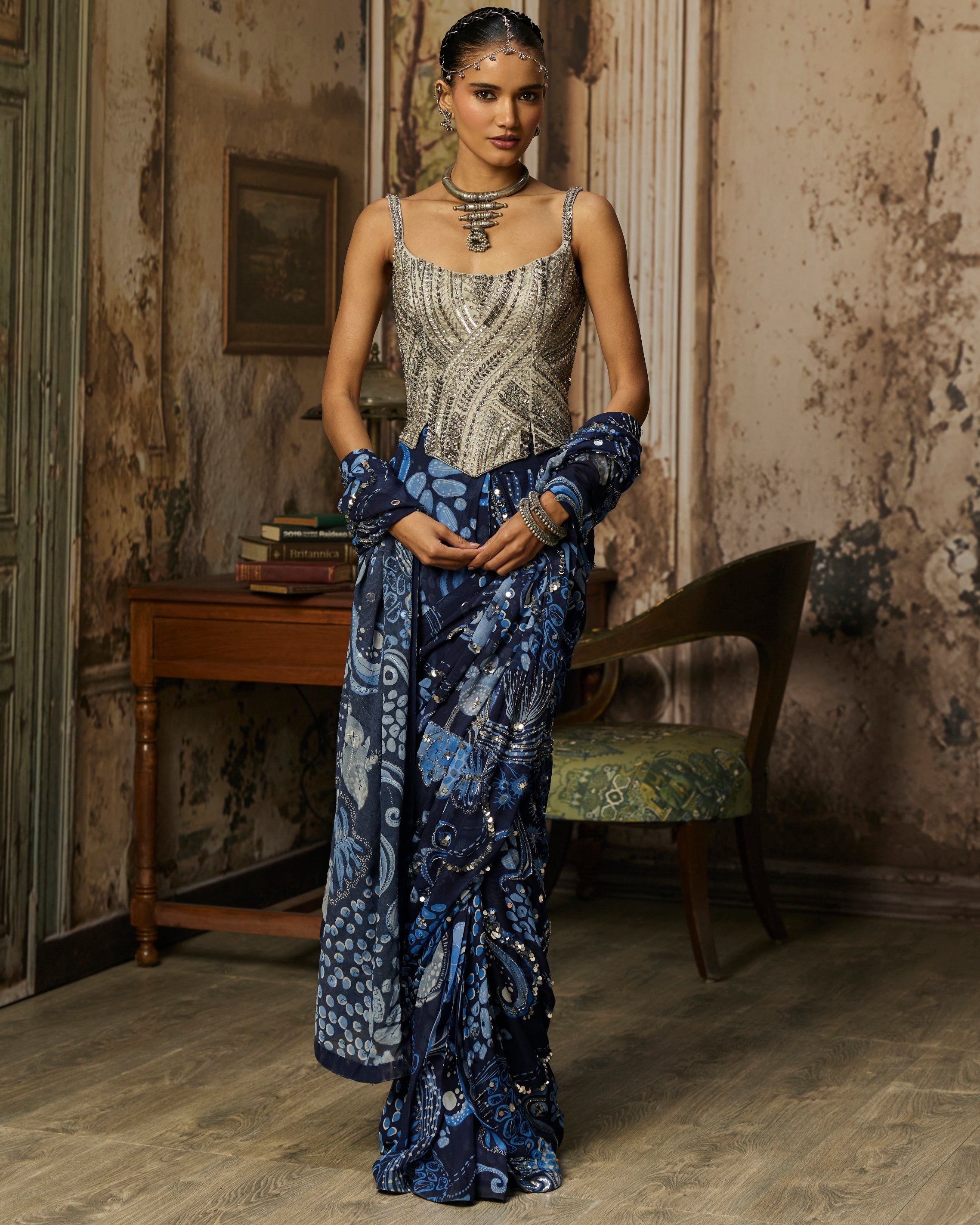 Gunmetal Grey Corset With Printed And Highlighted Classic Sari Set