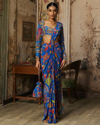Electric Blue Printed And Highlighted Dhoti Sari