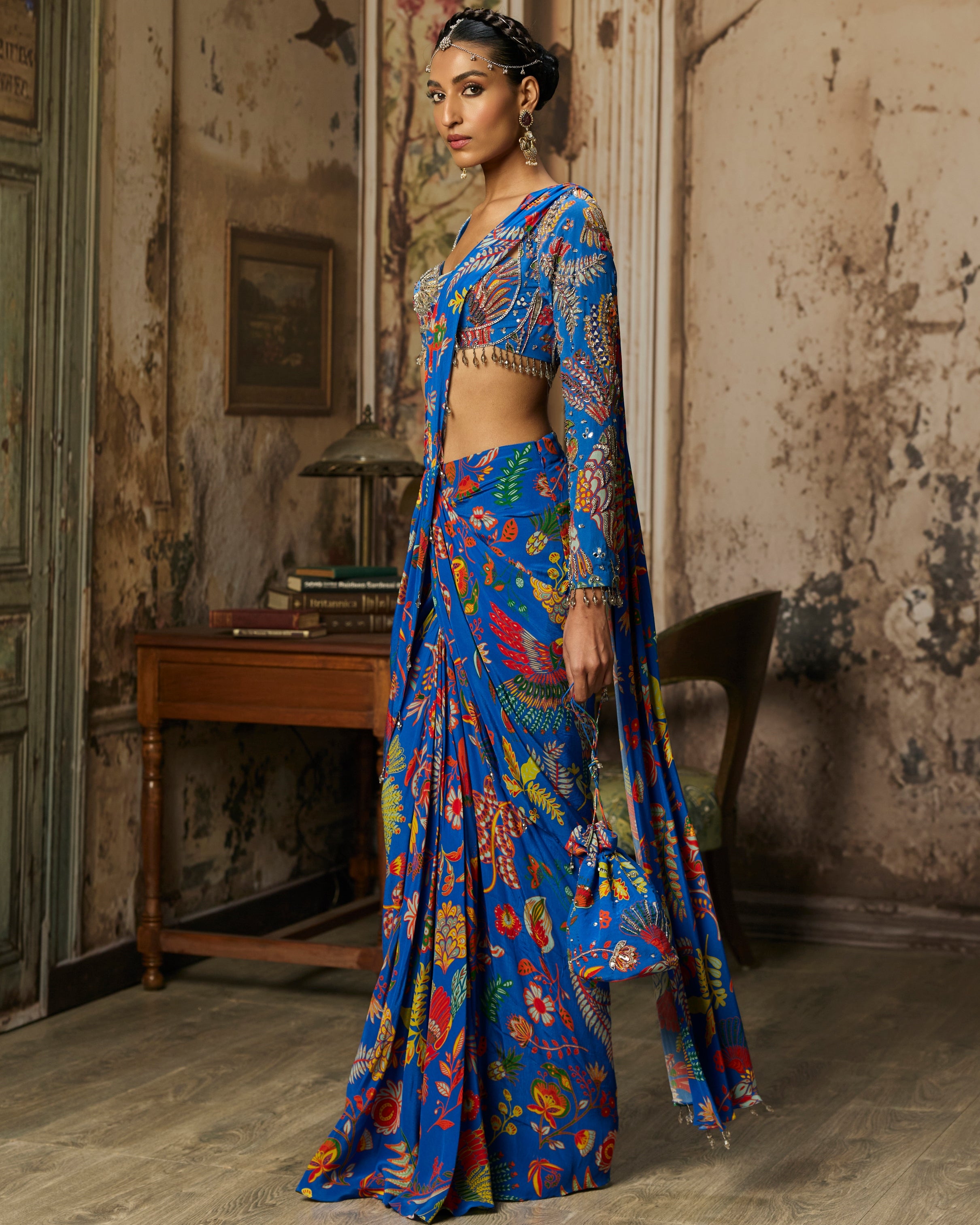 Electric Blue Printed And Highlighted Dhoti Sari