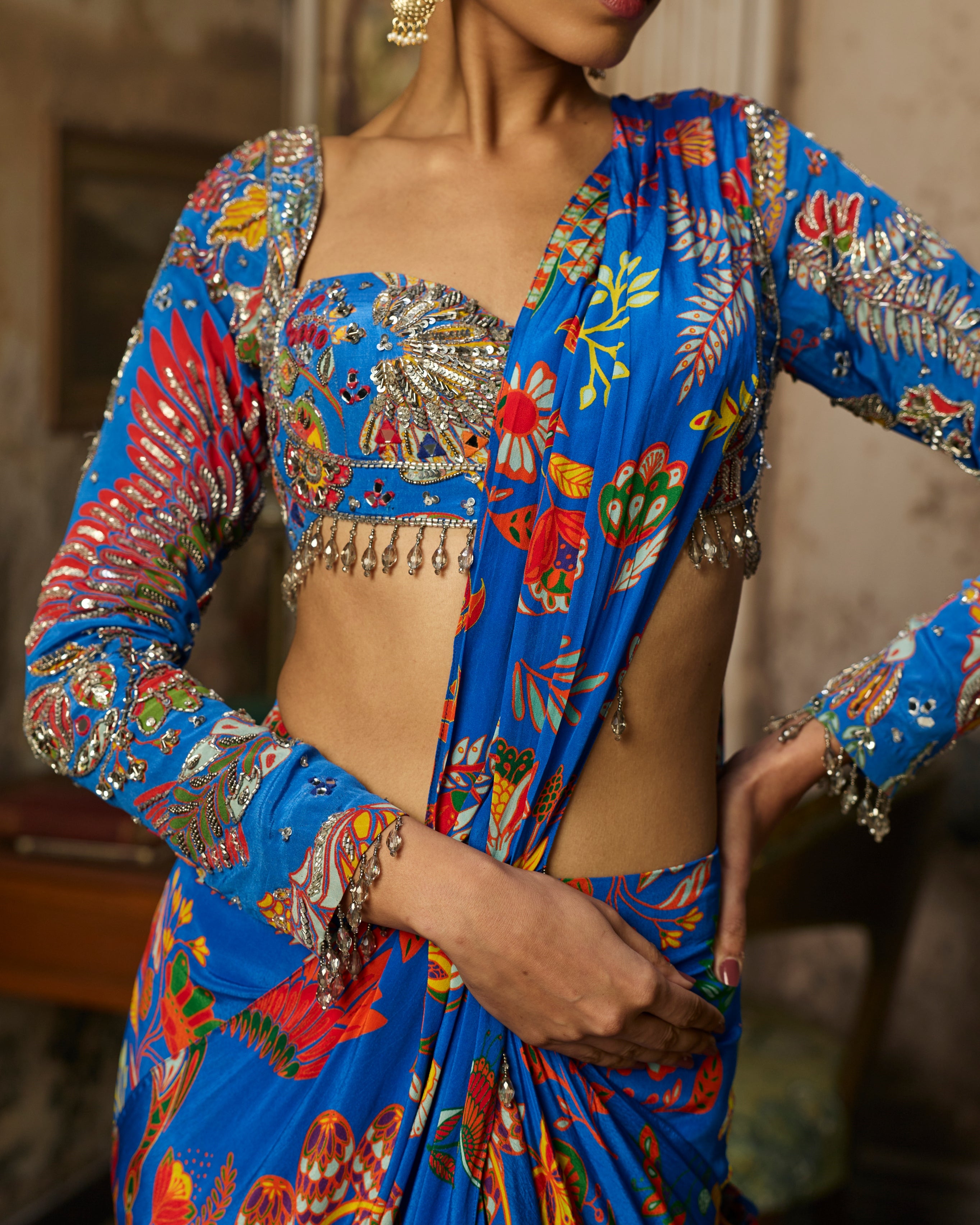 Electric Blue Printed And Highlighted Dhoti Sari