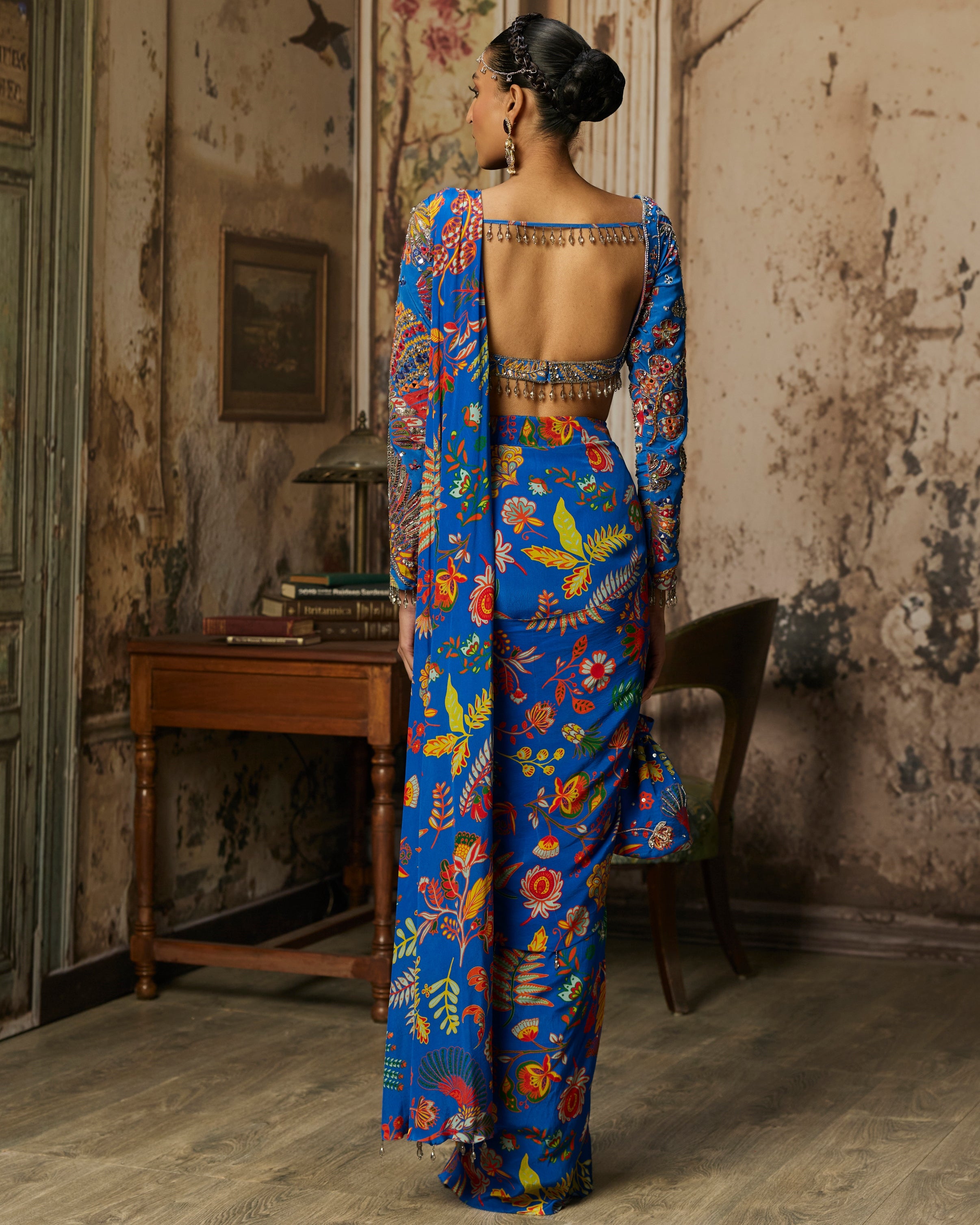 Electric Blue Printed And Highlighted Dhoti Sari