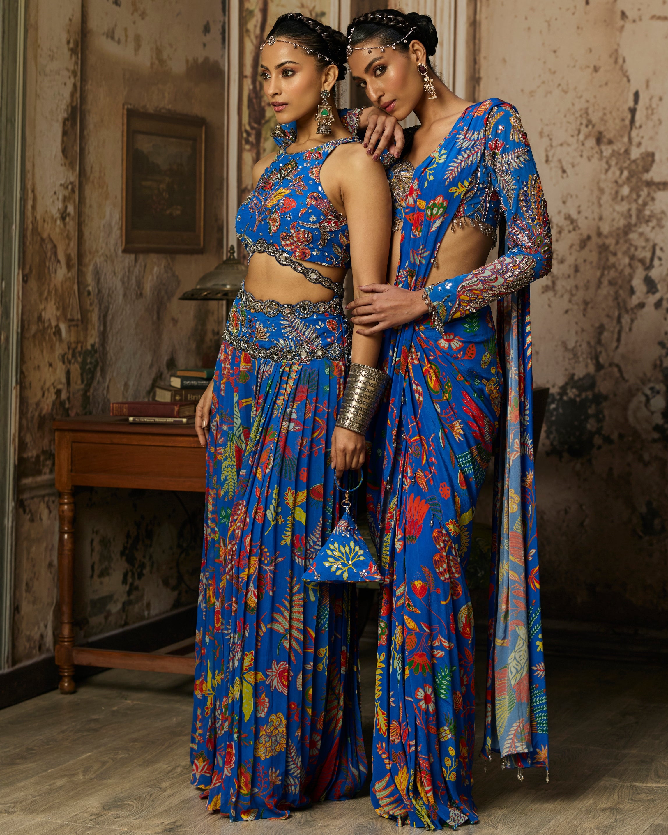 Electric Blue Printed And Highlighted Dhoti Sari