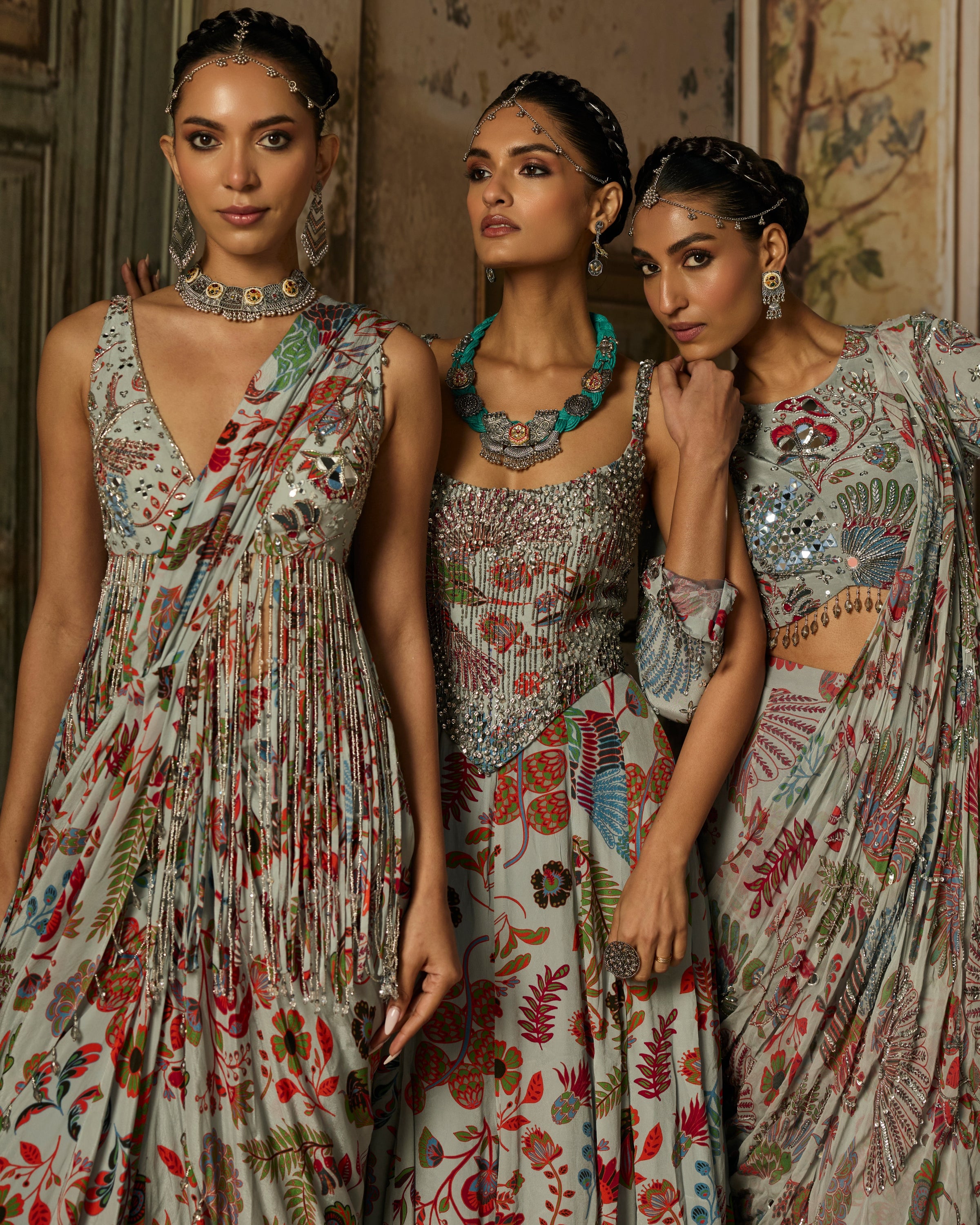 Slate Grey Printed And Highlighted Dhoti Skirt Sari Set