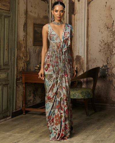 Slate Grey Printed And Highlighted Dhoti Skirt Sari Set