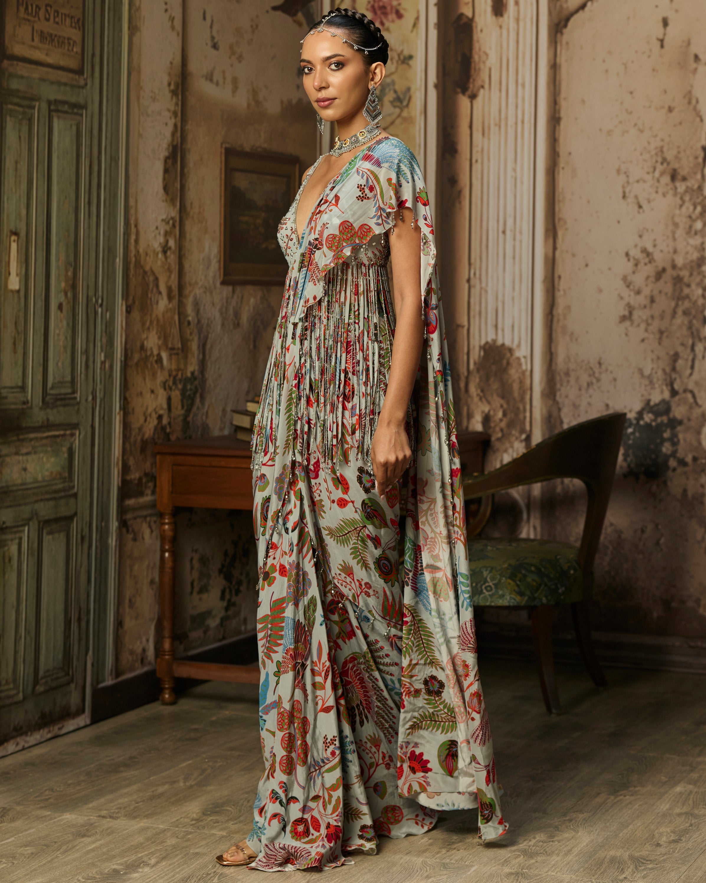 Slate Grey Printed And Highlighted Dhoti Skirt Sari Set