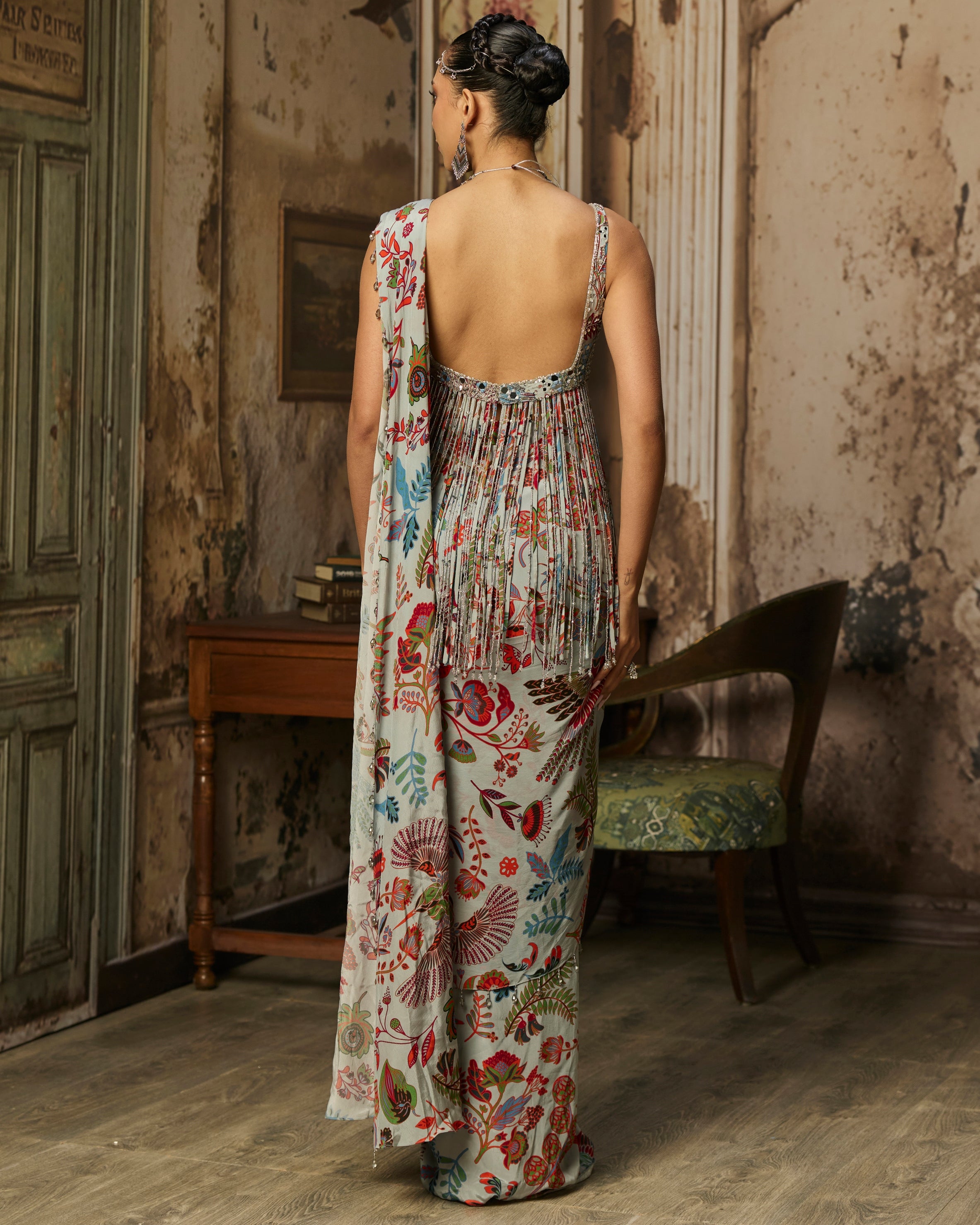 Slate Grey Printed And Highlighted Dhoti Skirt Sari Set