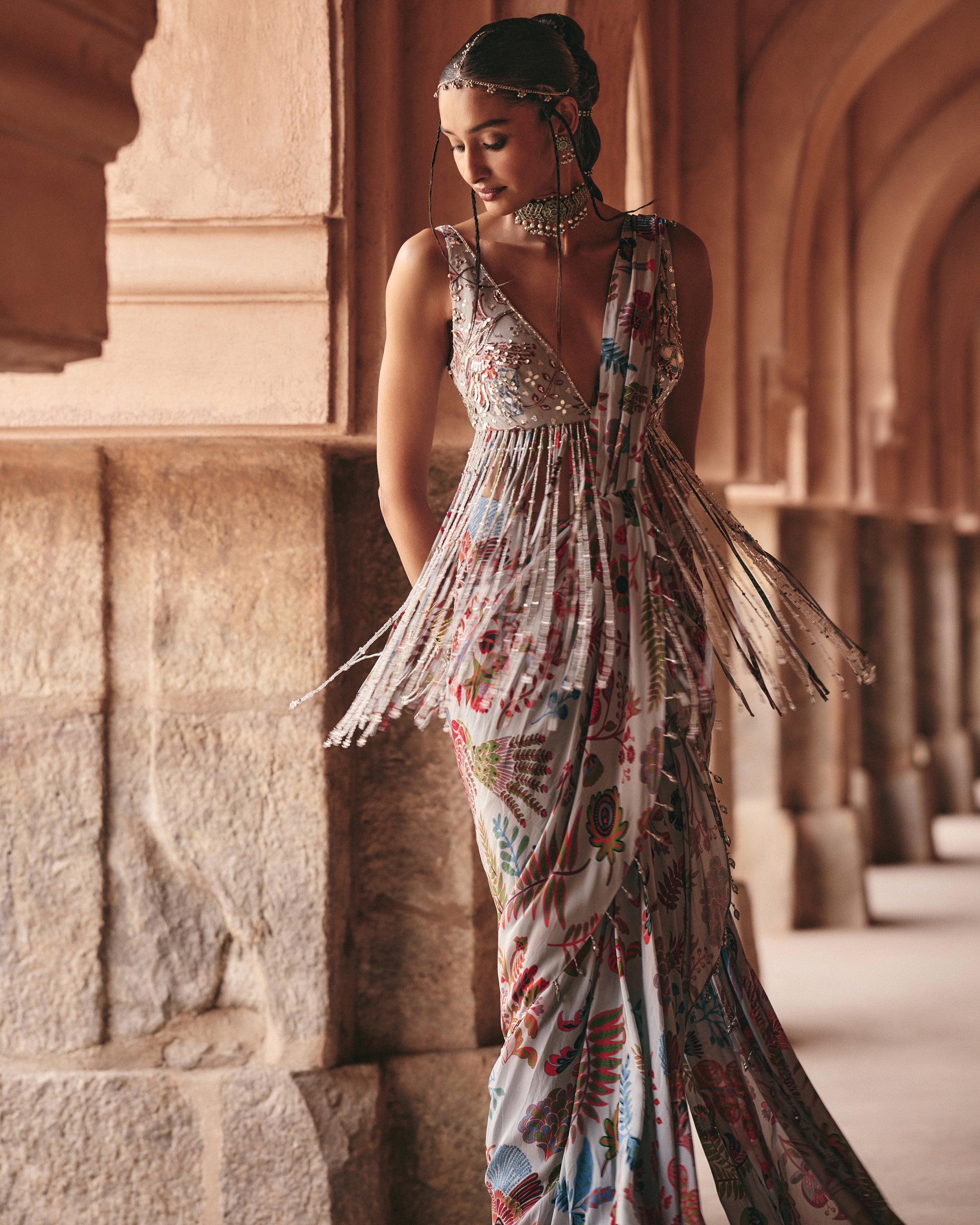 Slate Grey Printed And Highlighted Dhoti Skirt Sari Set