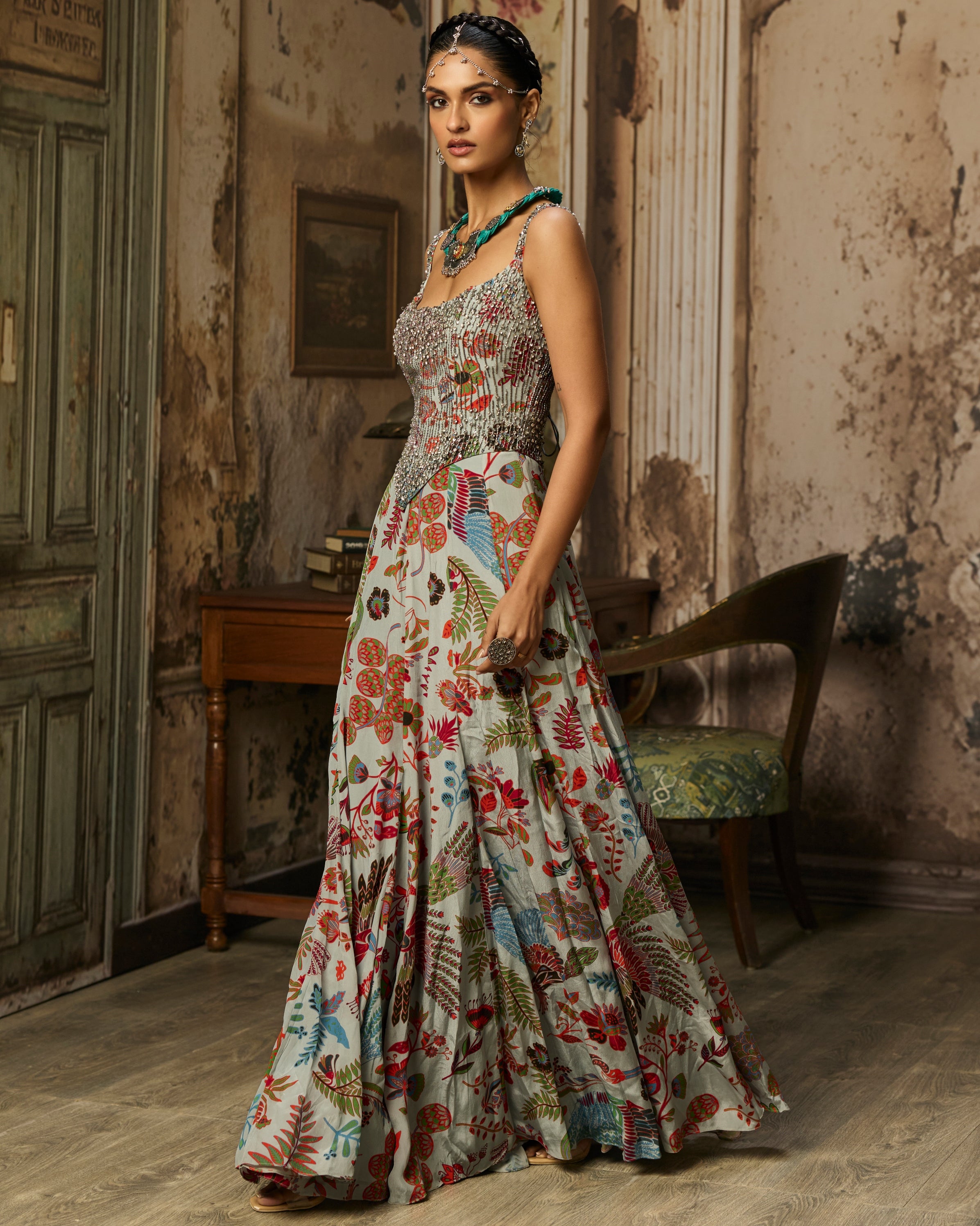 Slate Grey Printed And Highlighted Corset Gown