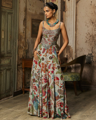 Slate Grey Printed And Highlighted Corset Gown