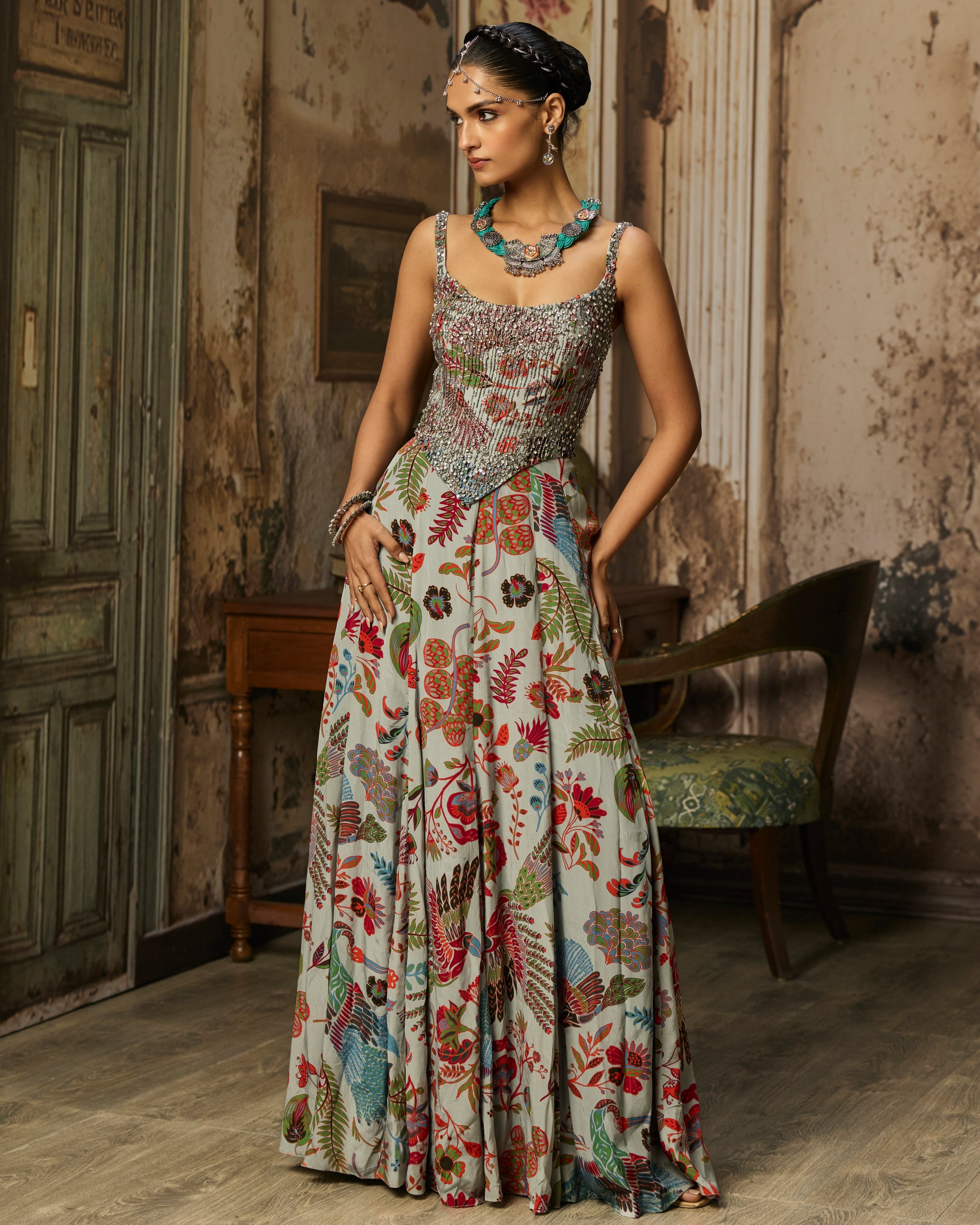 Slate Grey Printed And Highlighted Corset Gown